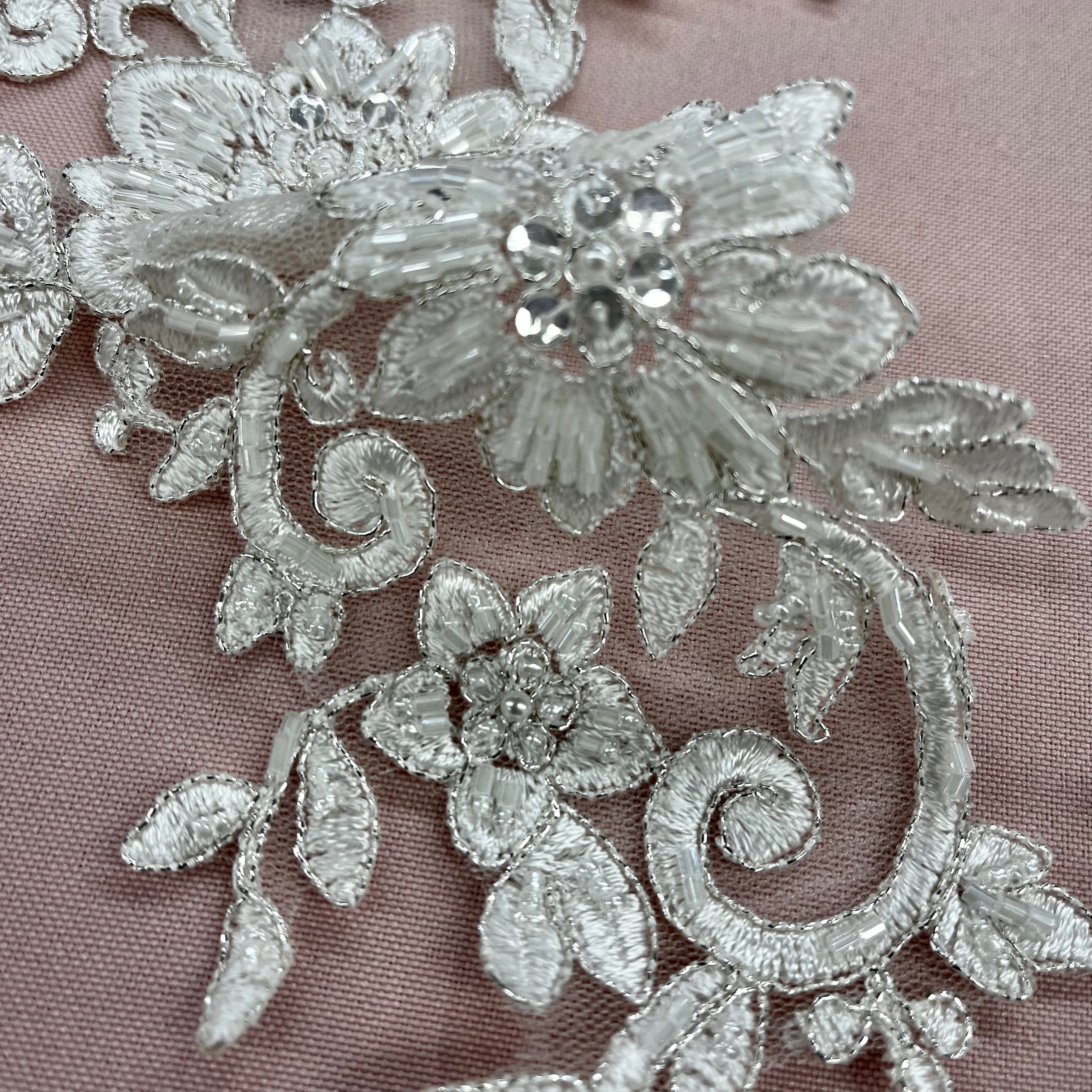 Beaded & Corded Floral Lace Applique Embroidered on 100% Polyester Net Mesh | Lace USA - 96440W-HB