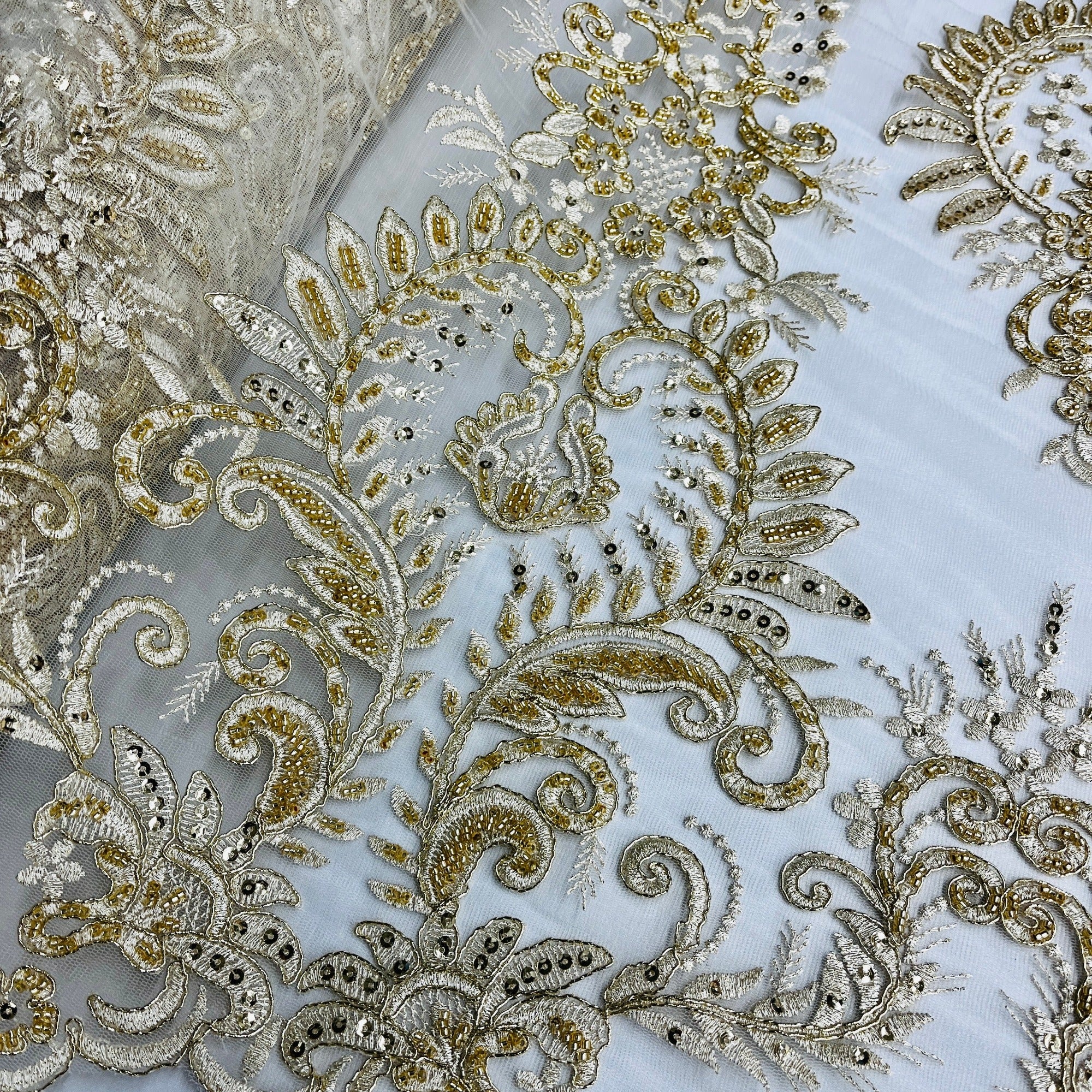 Beaded & Corded Bridal Lace Fabric Embroidered on 100% Polyester Net Mesh | Lace USA - 97160W-HB