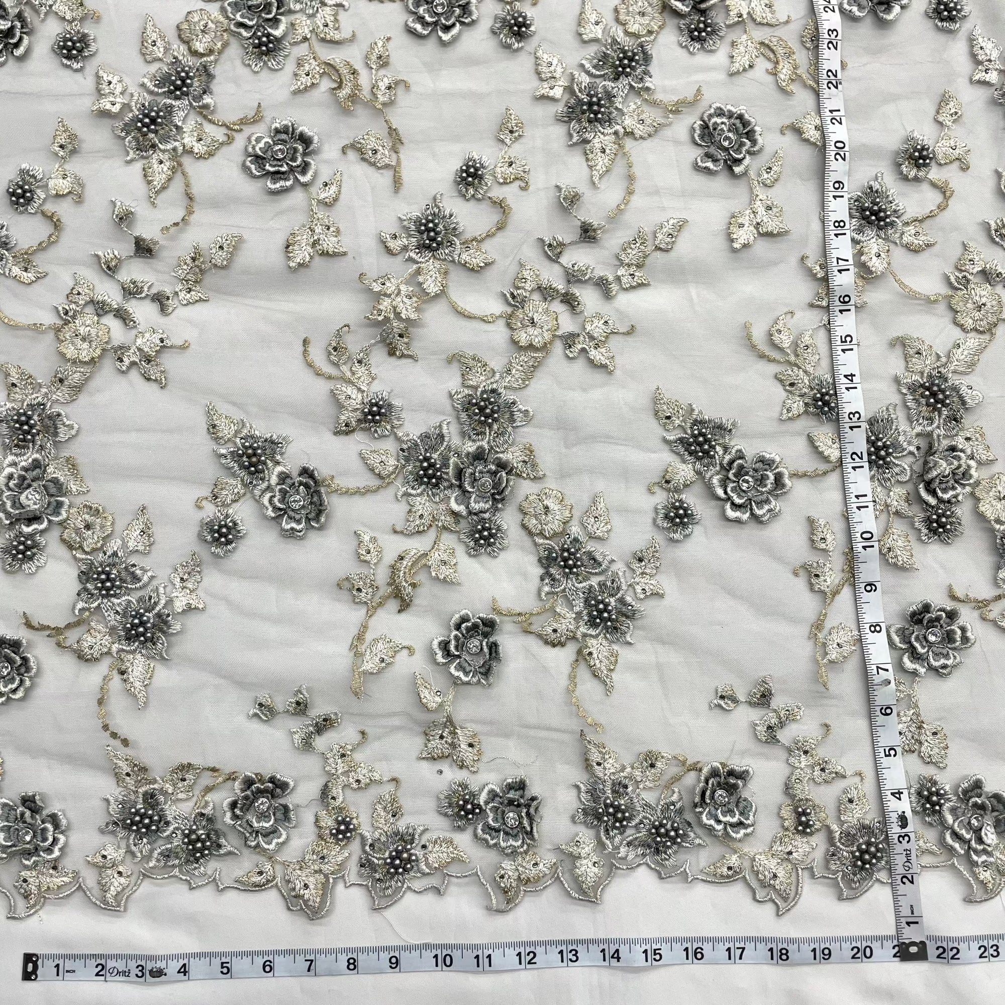 Beaded 3D Floral Lace Fabric Embroidered on 100% Polyester Net Mesh | Lace USA - GD-417