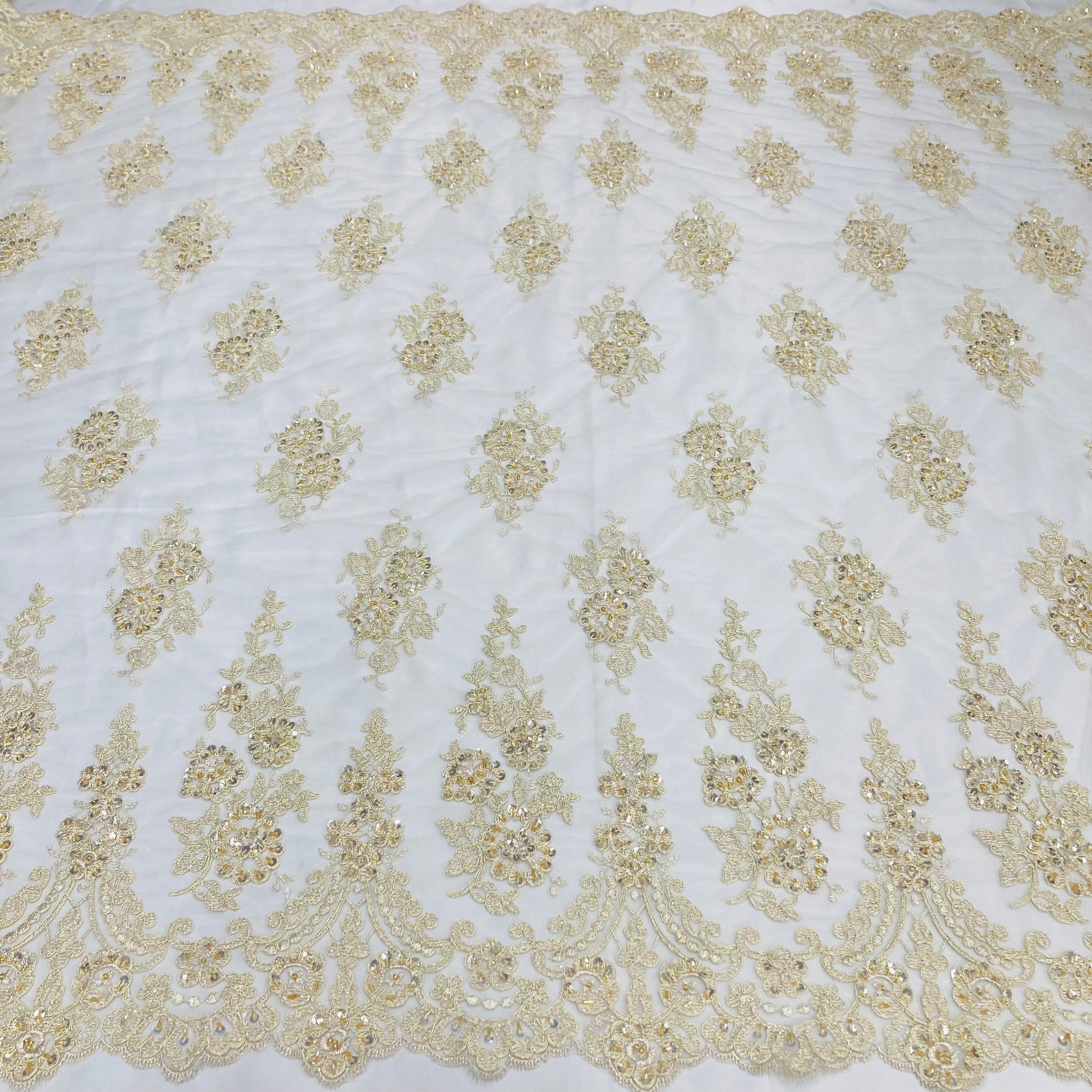 Beaded & Corded Lace Fabric Embroidered on 100% Polyester Net Mesh | Lace USA - 96784W-BP