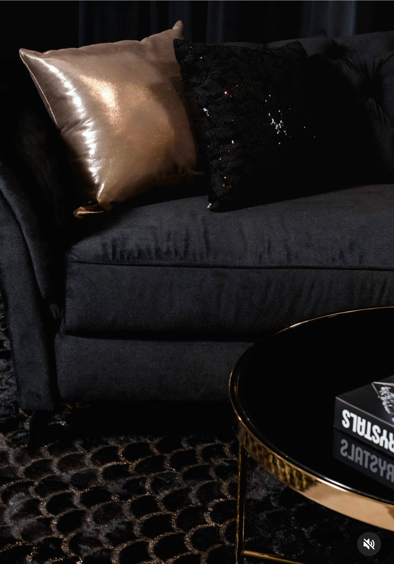 Enchanting Black Mermaid Half Moon Rug with Shimmery Golden Metallic Faux Fur Chinchilla Touch
