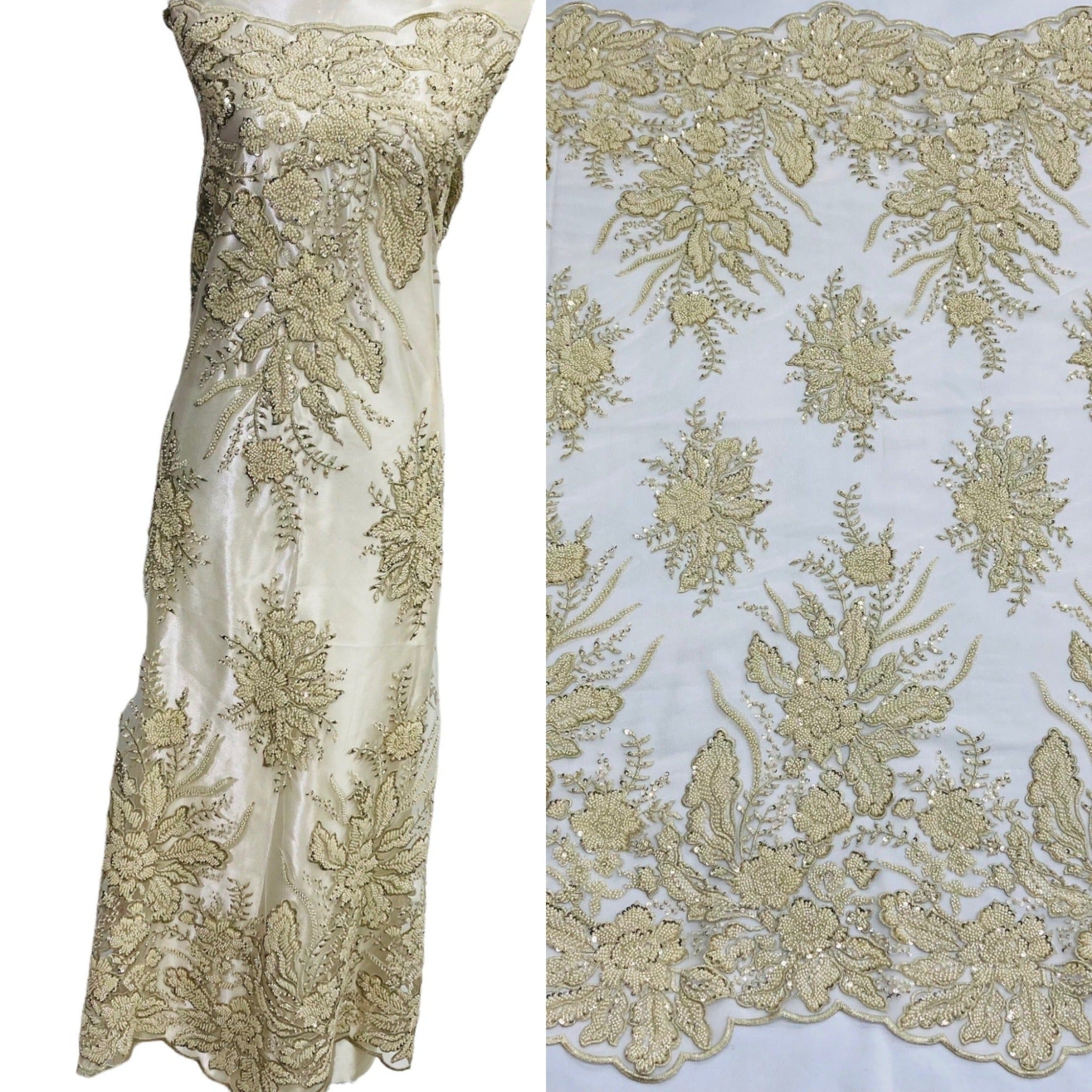Beaded Lace Fabric Embroidered on 100% Polyester Net Mesh | Lace USA - GD-108