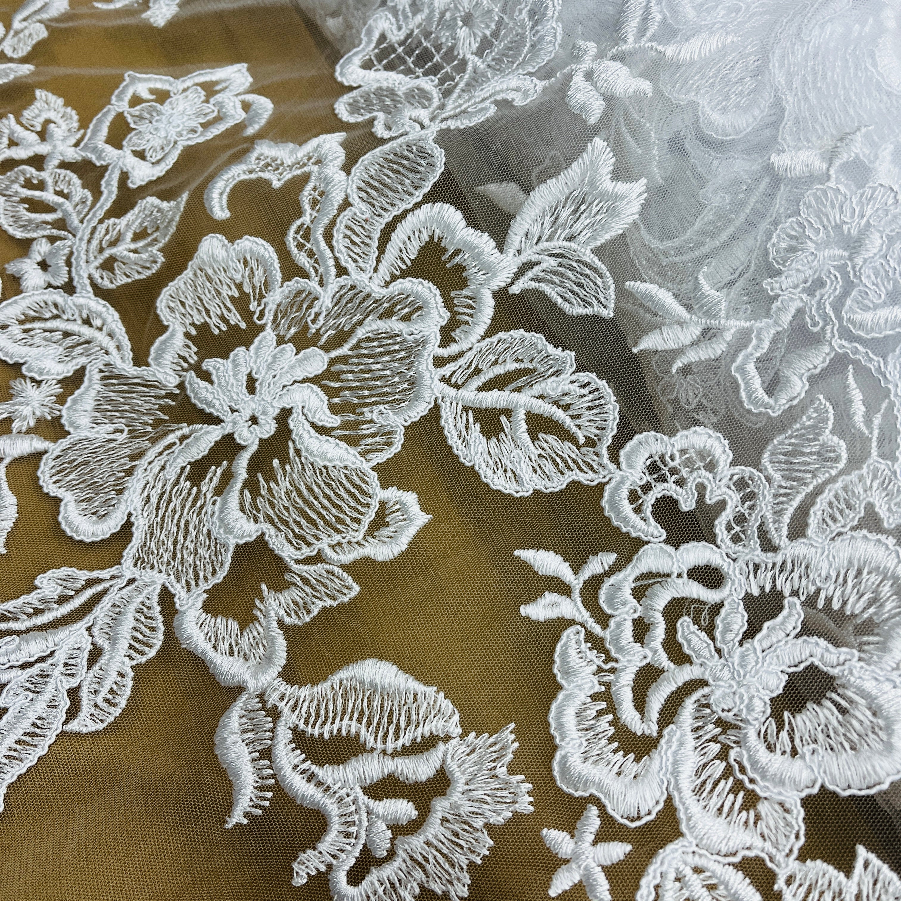 Corded Bridal Lace Fabric Embroidered on 100% Polyester Net Mesh | Lace USA - 97126W