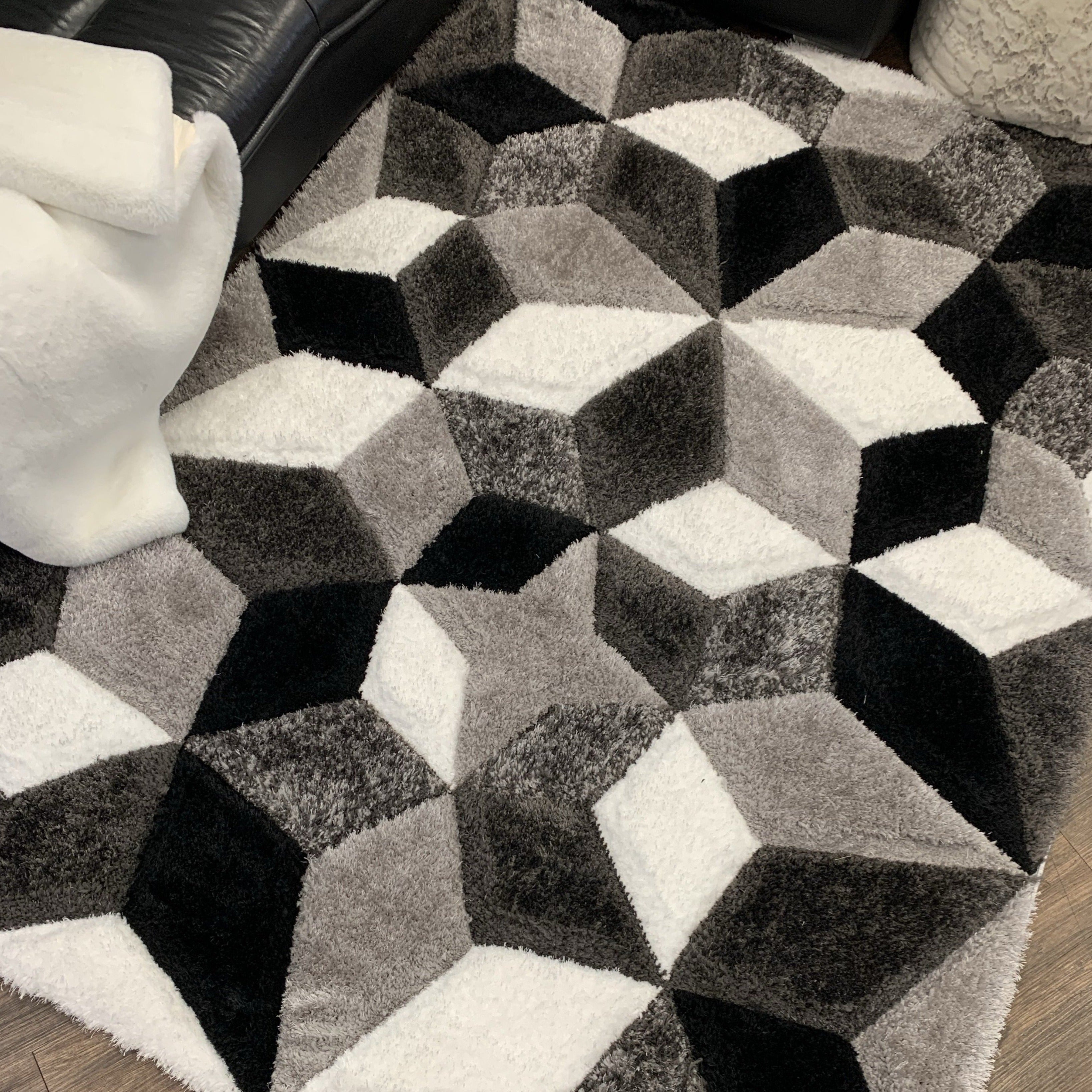 Silver Black White Shag Area Rug/Carpet | Style# SR-729 - Crafted from 100% Polyester, Plush Fluffy Shine 3D Geometric Design