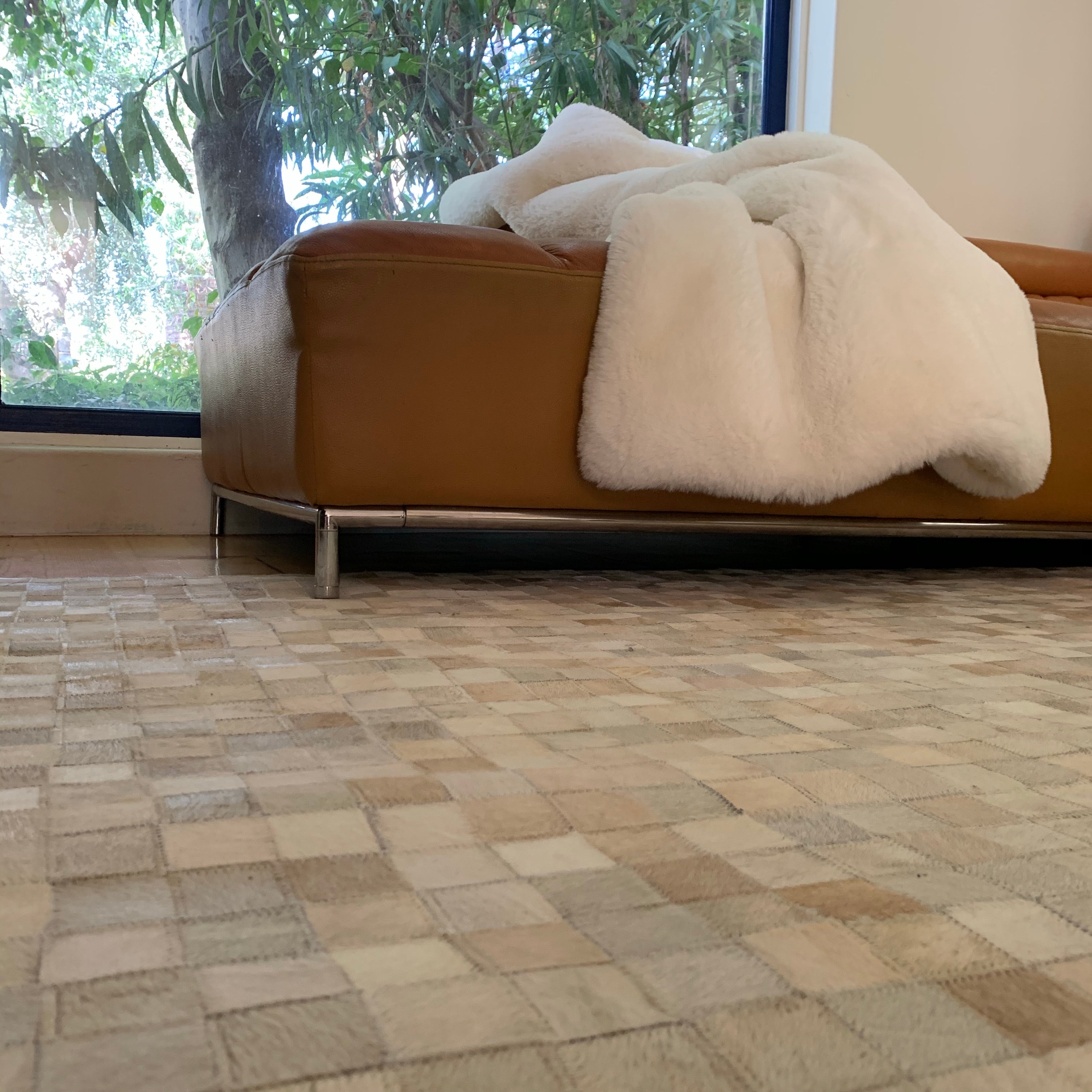 Natural Cowhide Leather Patchwork Tile Area Rug