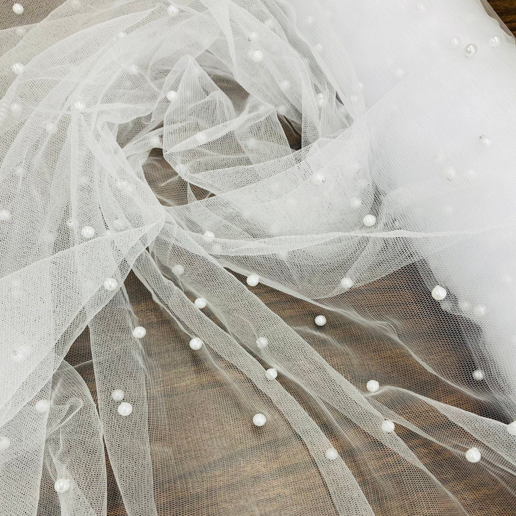 2-Way Stretch Net Mesh Fabric with Scattered Pearls | Lace USA - Net Pearl