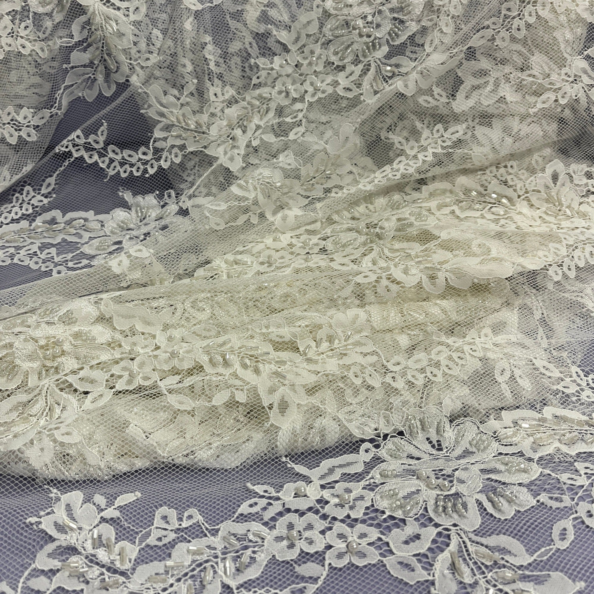 Beaded Chantilly Embroidered Lace Fabric with Eyelash Scallop - 3 Yards | Lace USA - GD-316