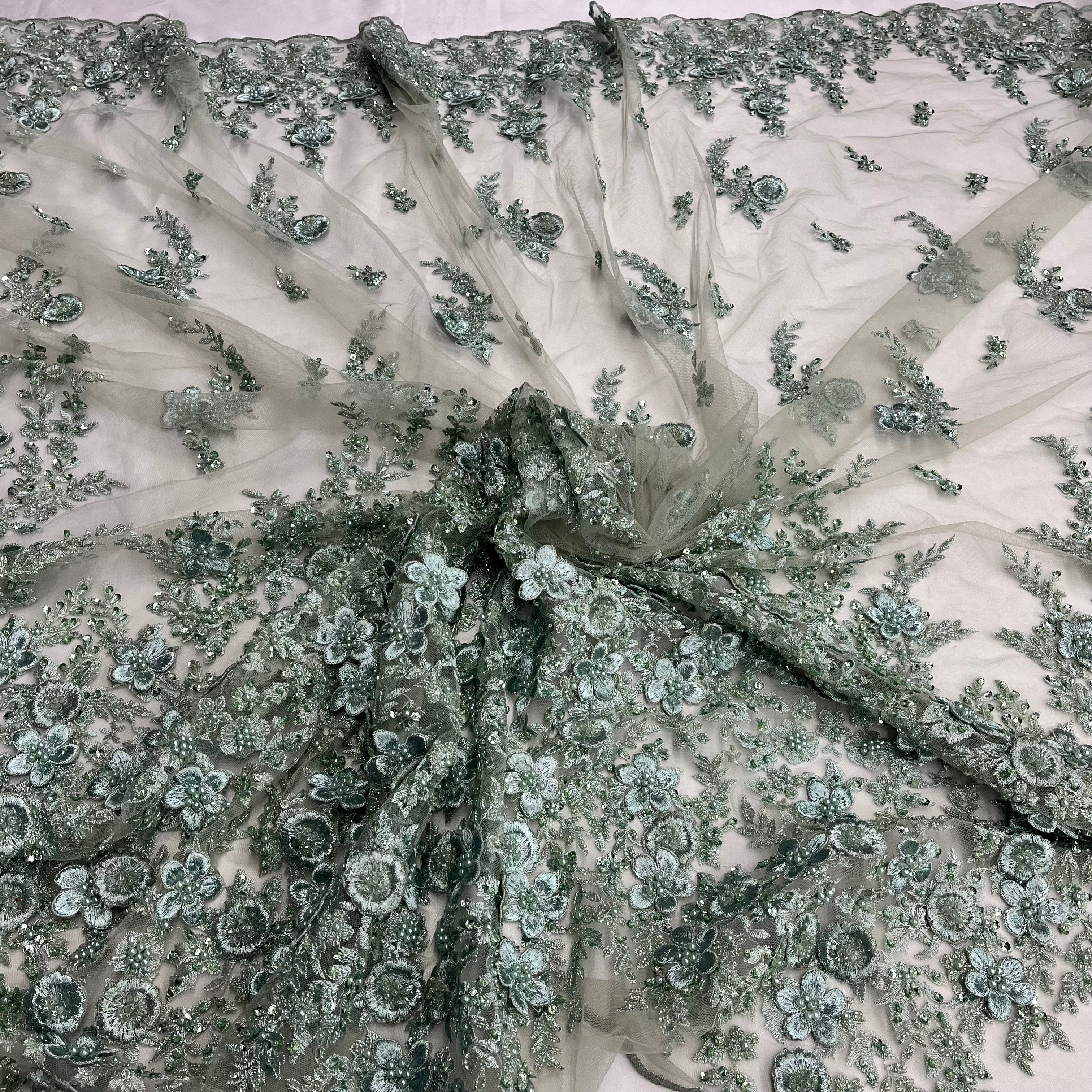 Beaded 3D Floral Lace Fabric Embroidered on 100% Polyester Net Mesh | Lace USA - GD-2015