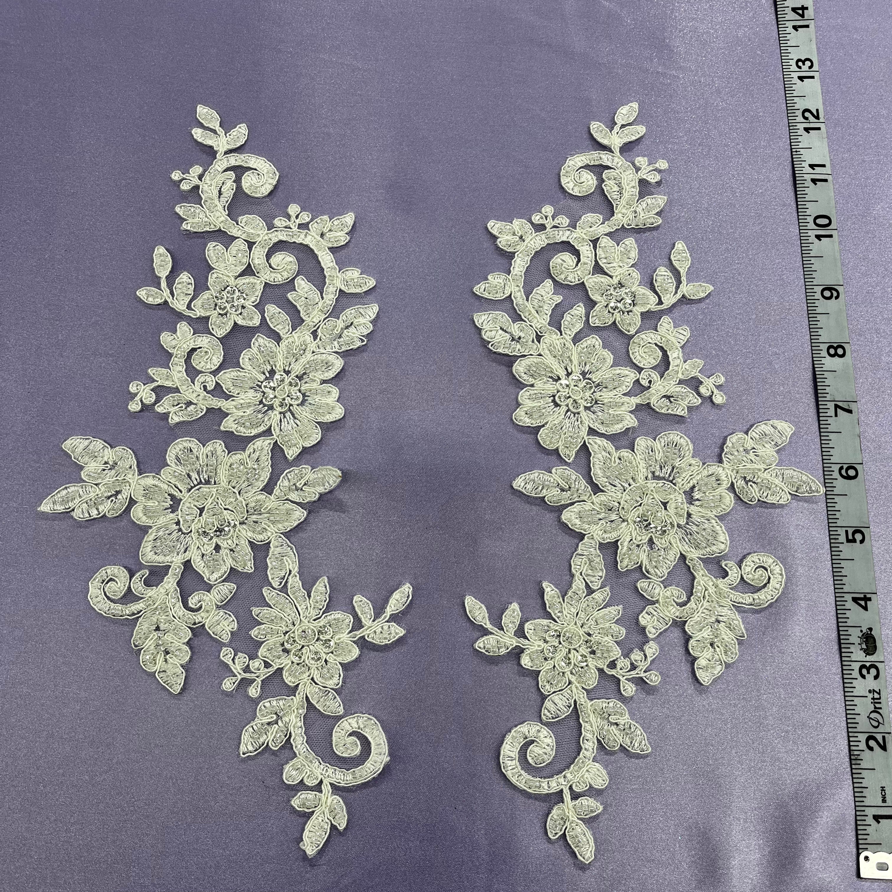 Beaded & Corded Floral Lace Applique Embroidered on 100% Polyester Net Mesh | Lace USA - 96440W-HB