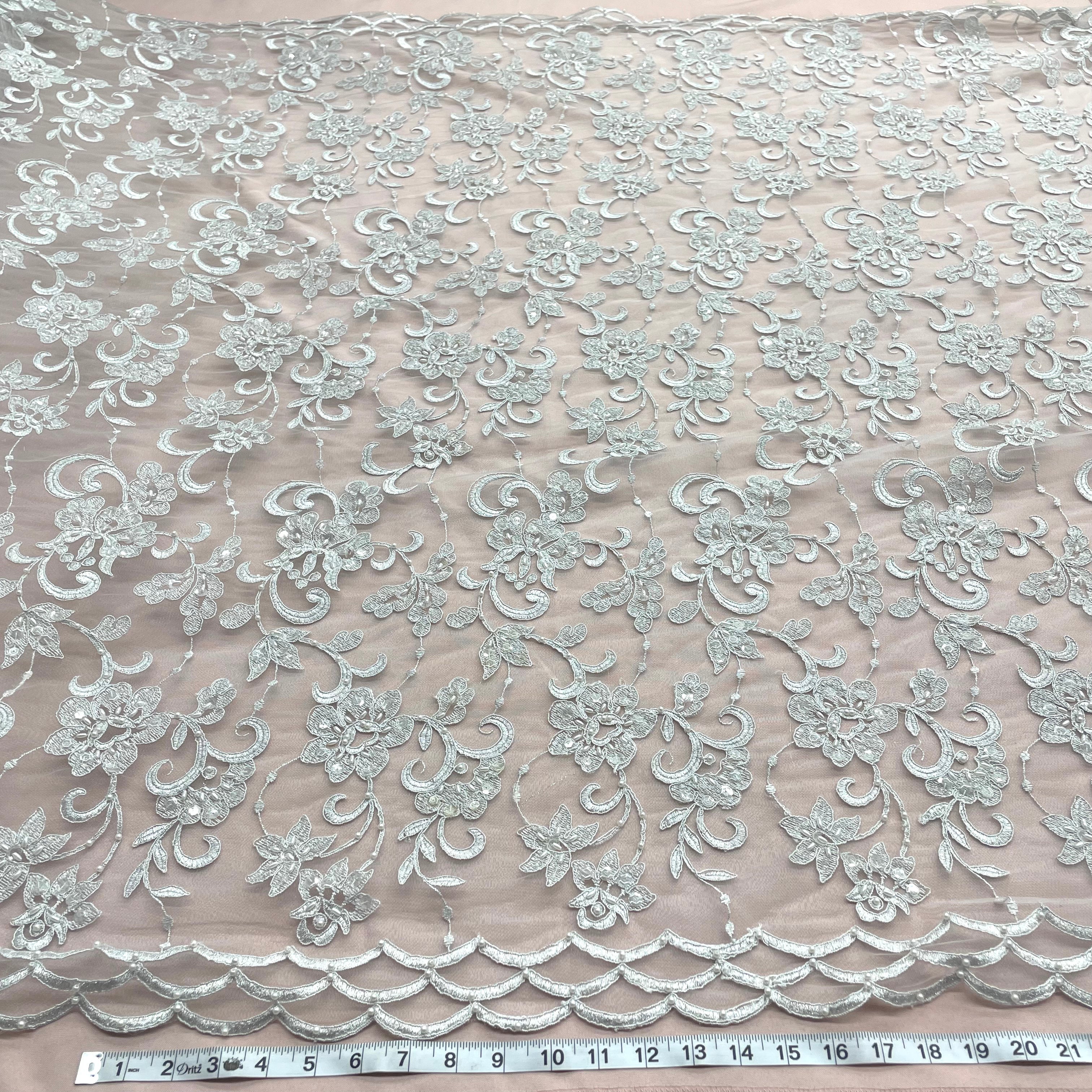 Beaded & Corded Bridal Fabric Lace Embroidered on 100% Polyester Net Mesh | Lace USA - 95488W-BP