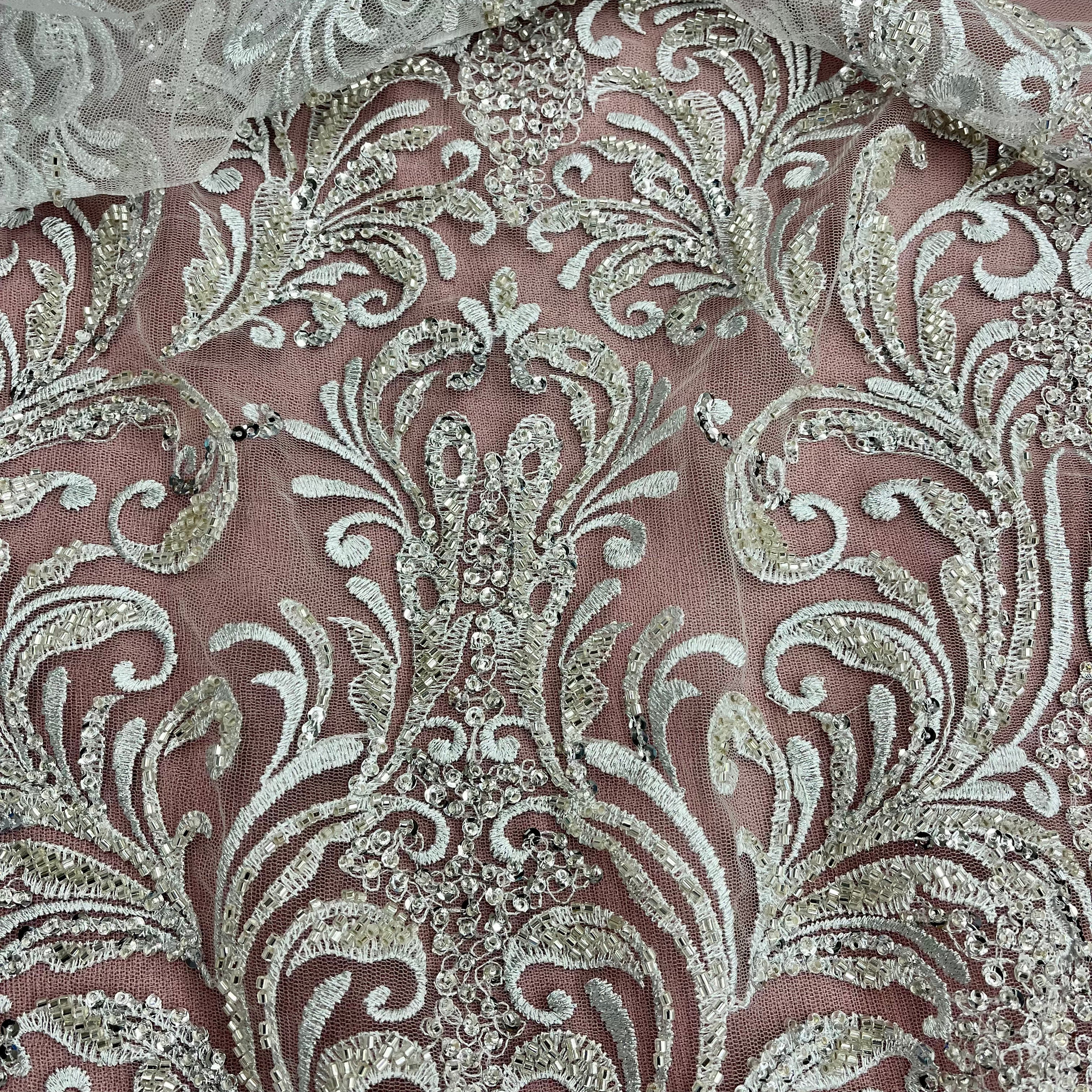 Beaded Lace Fabric Embroidered on 100% Polyester Net Mesh | Lace USA - GD-13267