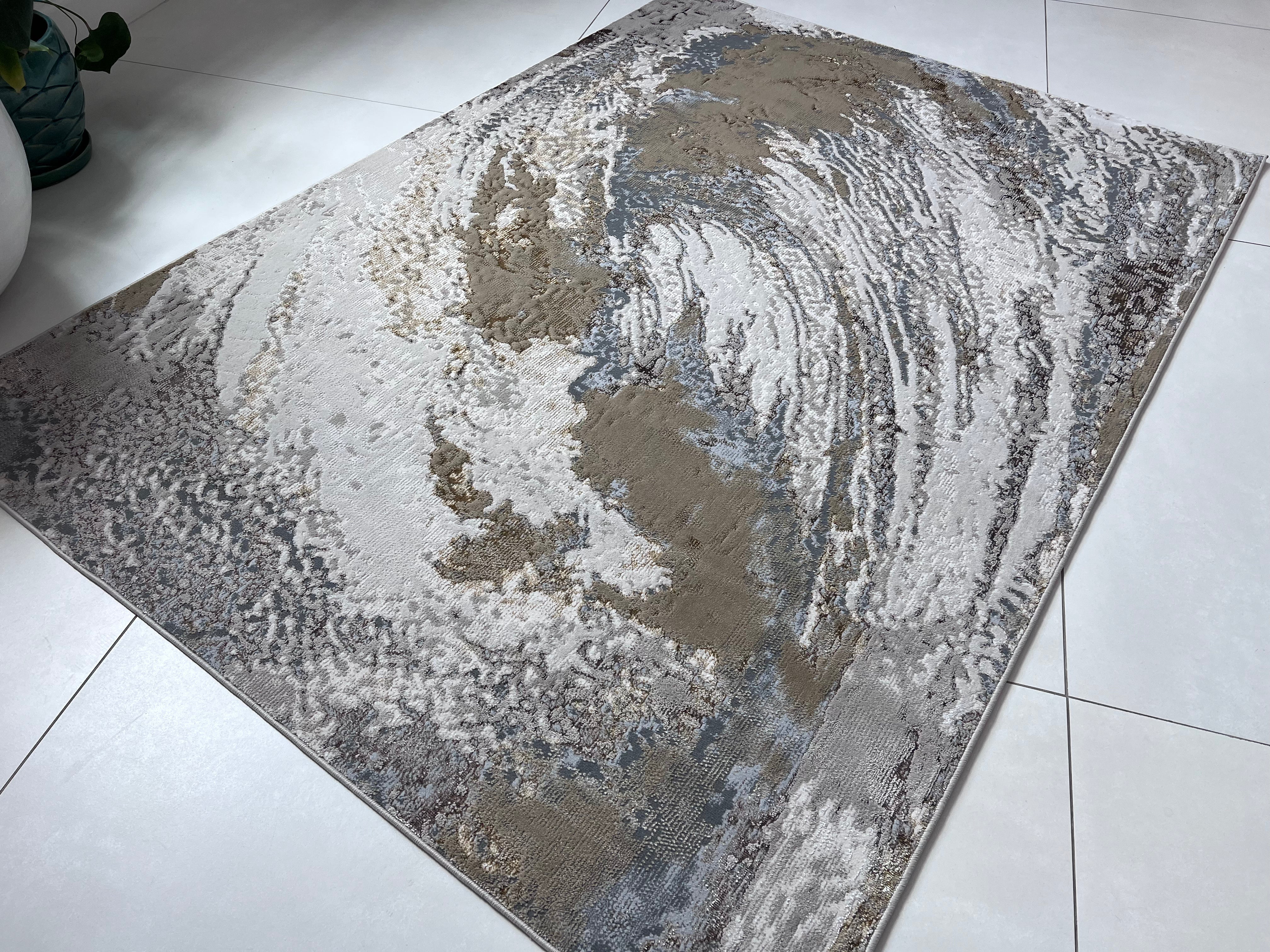 Polyester Silver with Gold Viscose Blend Swirl Design Rug/Carpet - Style# Maximus 240 - Color-Changing Flat Weave Rug