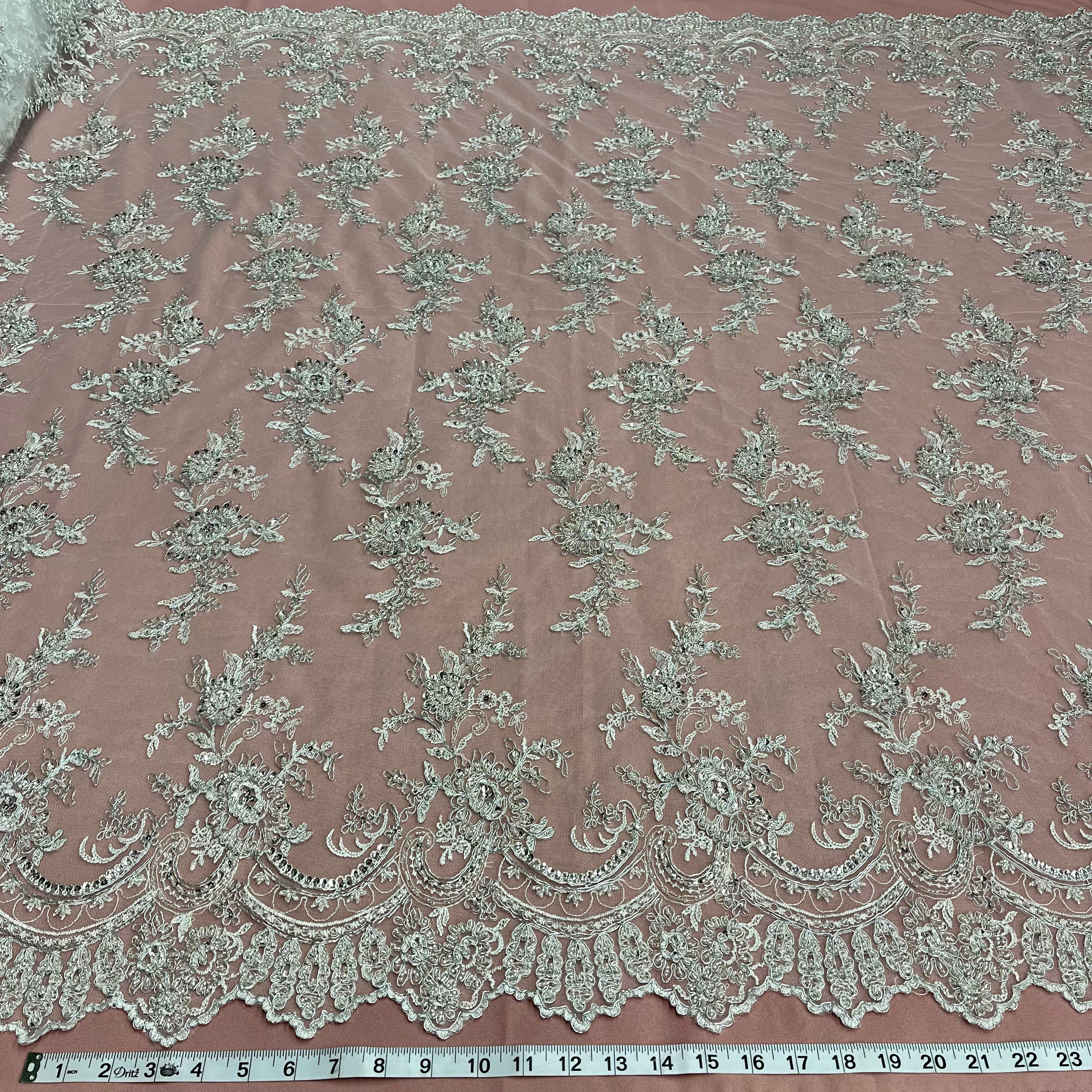 Beaded & Corded Bridal Fabric Lace Embroidered on 100% Polyester Net Mesh | Lace USA - 96979W-HB