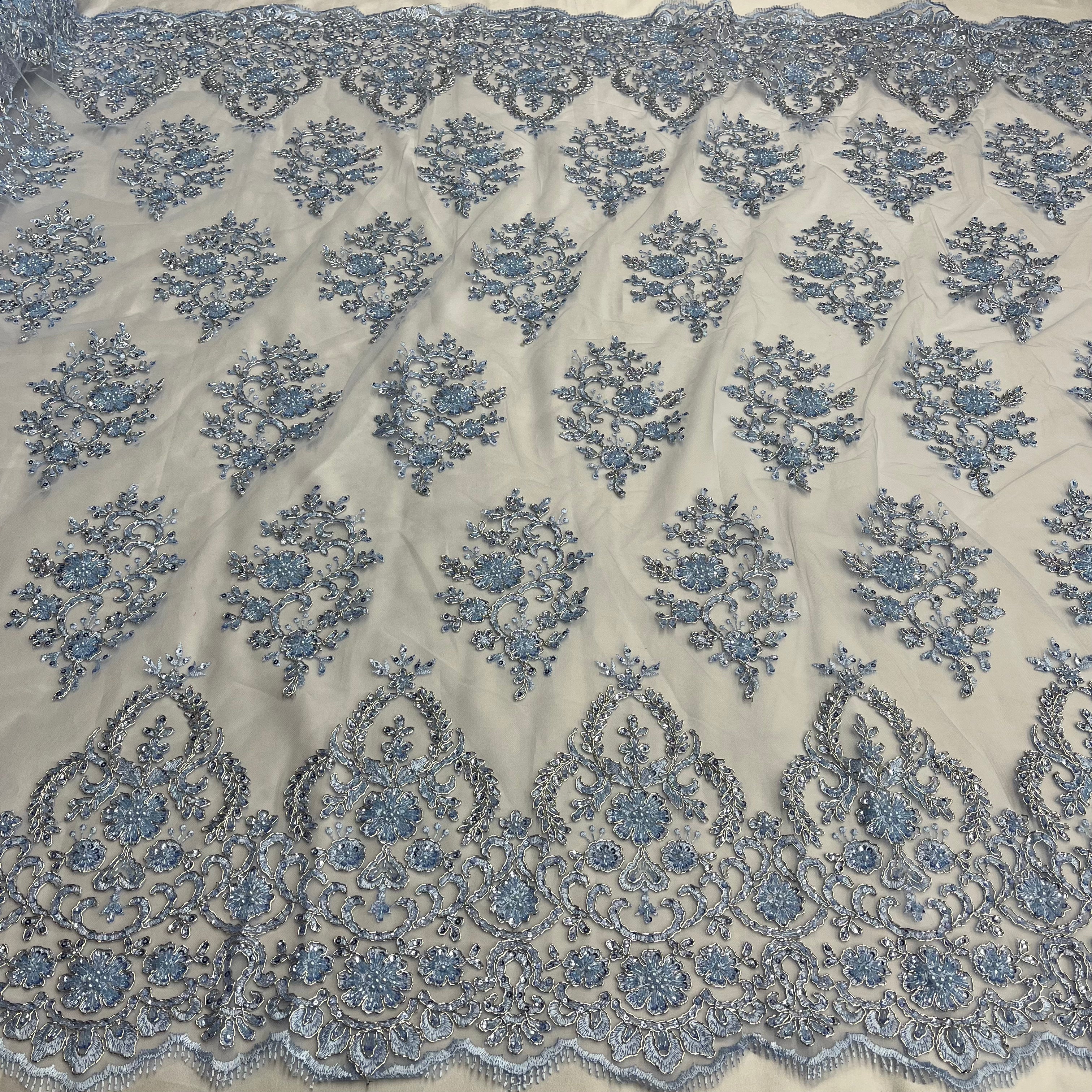 Beaded & Corded Bridal Lace Fabric Embroidered on 100% Polyester Net Mesh | Lace USA - GD-2257