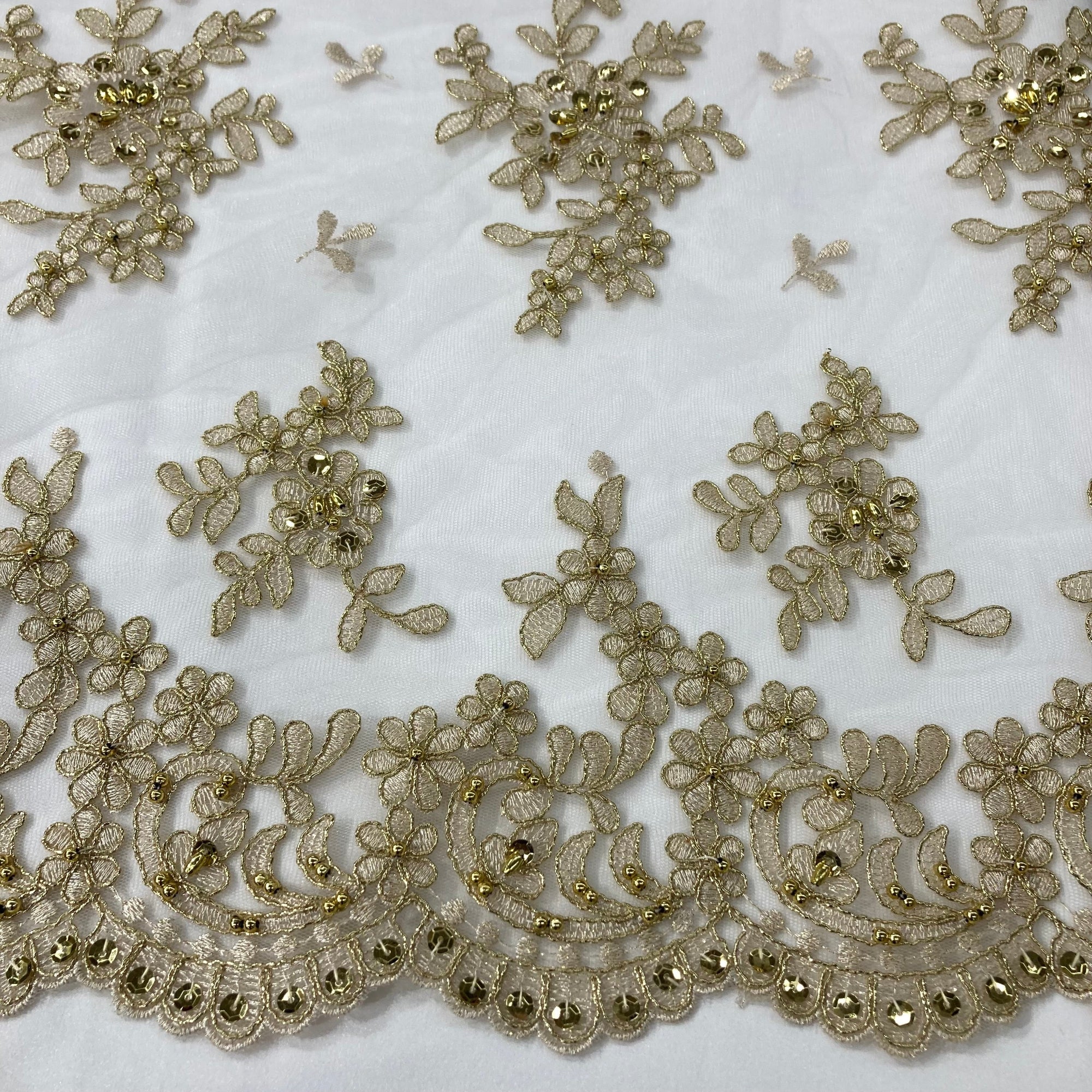 Beaded & Corded Lace Fabric – Floral Design with Scalloped Edges | Lace USA - 91436W-BP