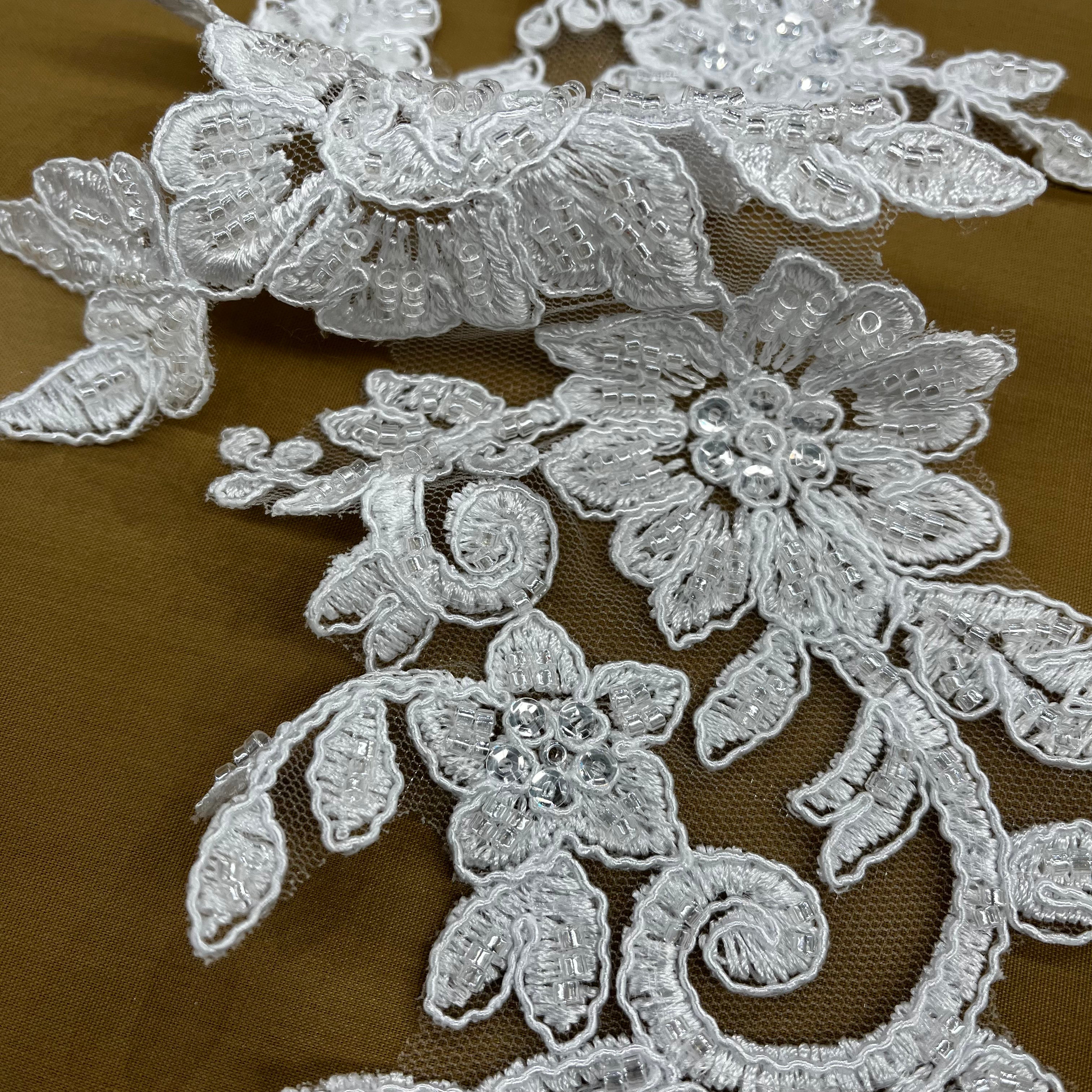 Beaded & Corded Floral Lace Applique Embroidered on 100% Polyester Net Mesh | Lace USA - 96440W-HB