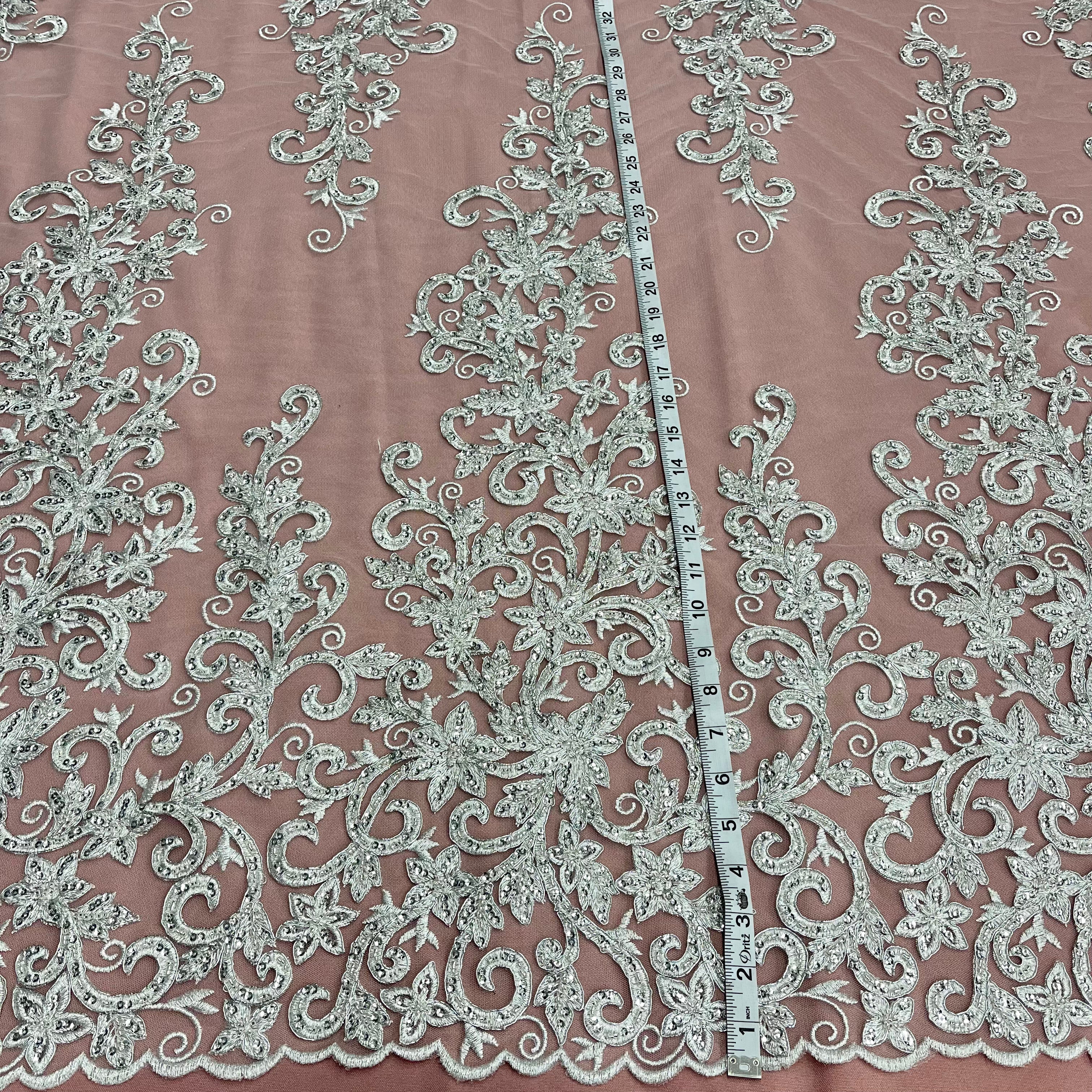 Beaded & Corded Bridal Fabric Lace Embroidered on 100% Polyester Net Mesh | Lace USA - 97219W-HB