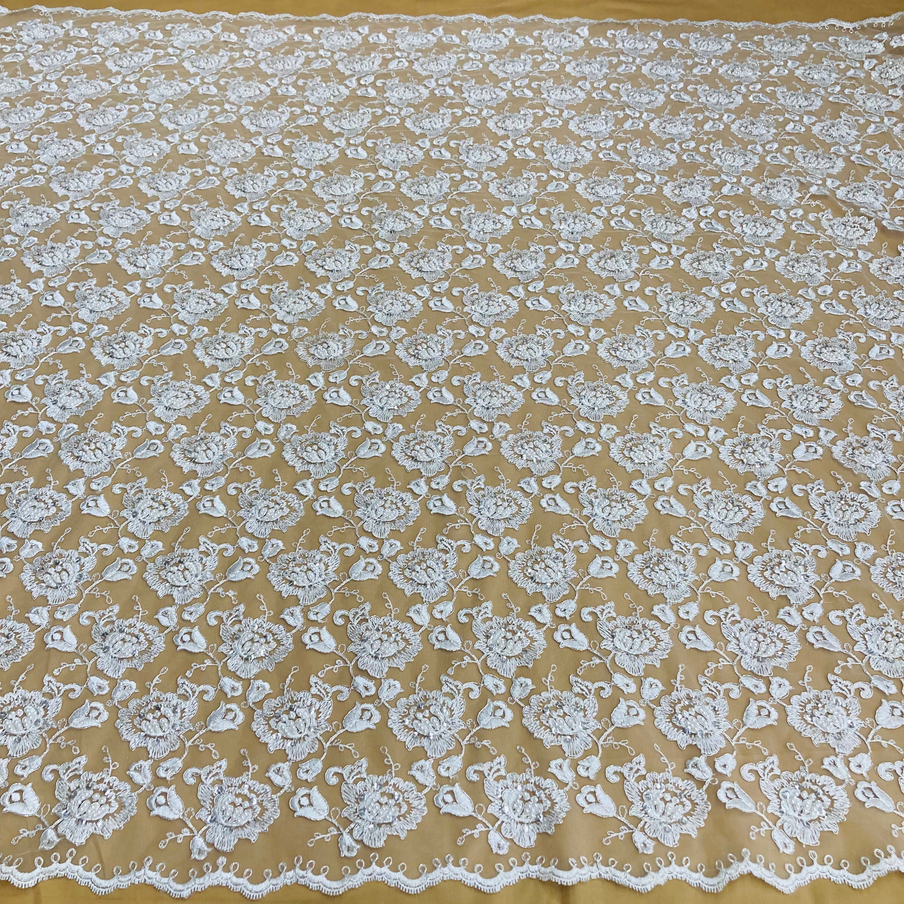 Beaded & Corded Bridal Lace Fabric Embroidered on 100% Polyester Net Mesh | Lace USA - 95163W-BP