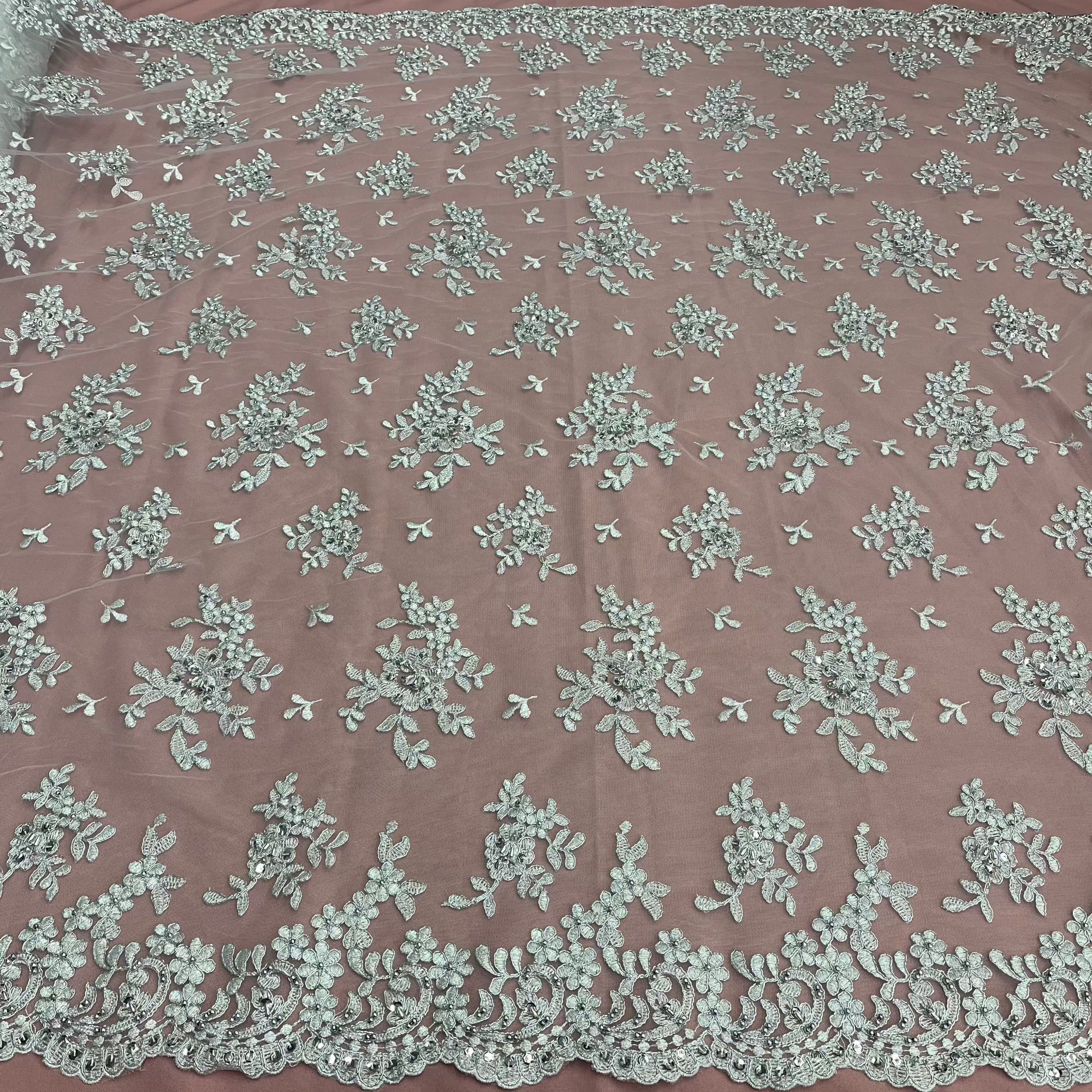 Beaded & Corded Lace Fabric – Floral Design with Scalloped Edges | Lace USA - 91436W-BP