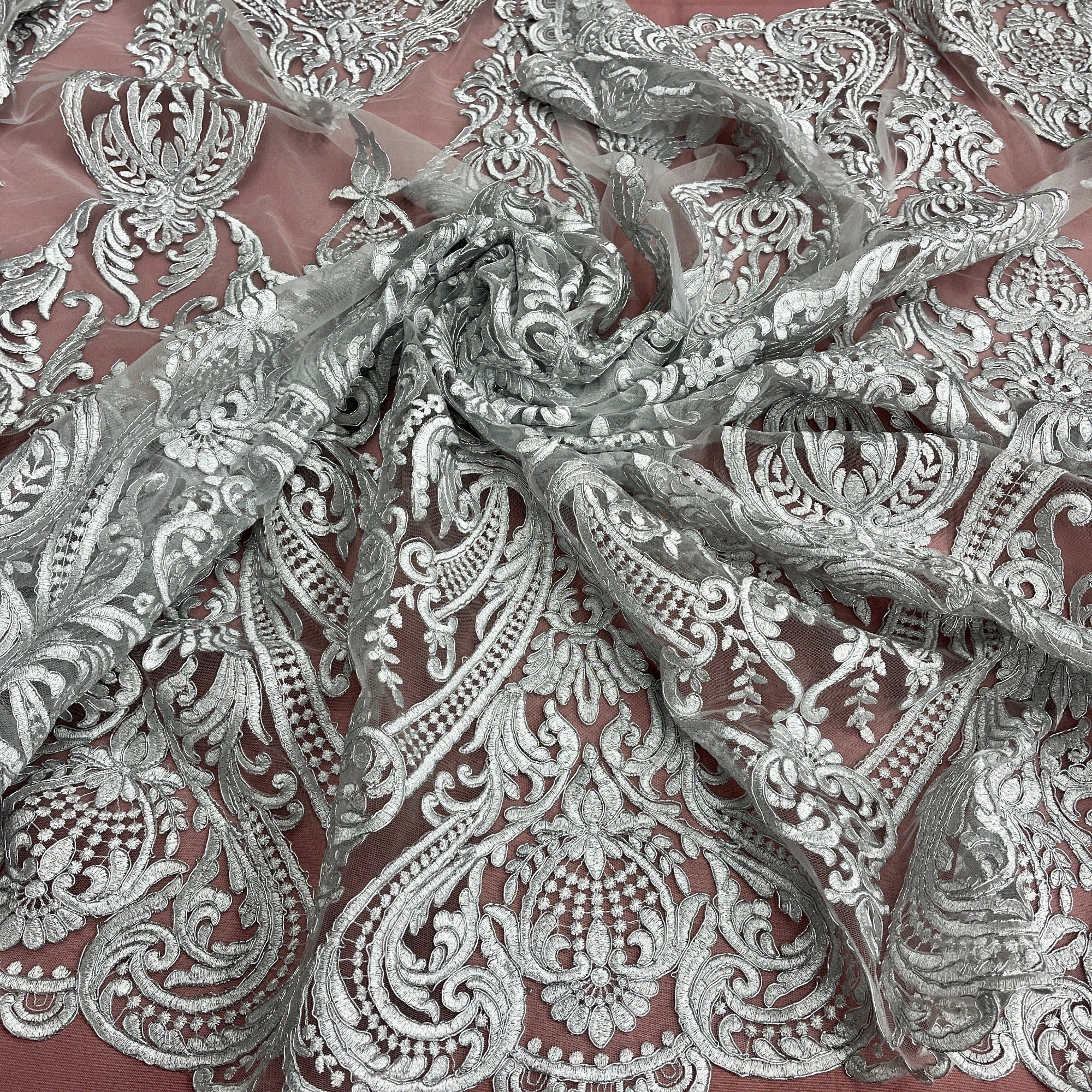 Corded Bridal Lace Fabric Embroidered on 100% Polyester Net Mesh | Lace USA - 97086W