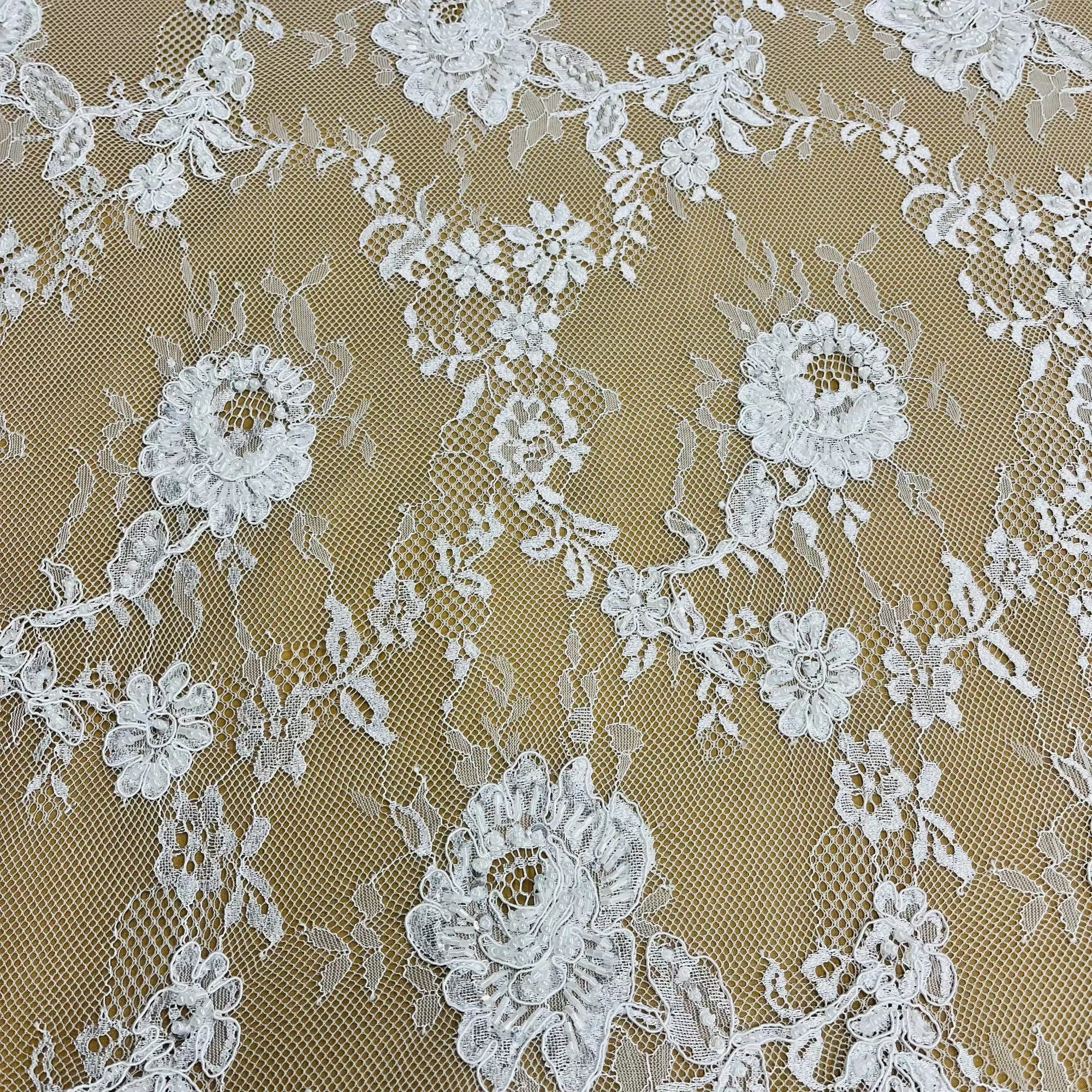 Beaded & Corded Chantilly Floral Lace Fabric-  3 Yards Precut | Lace USA - 97143W-BP