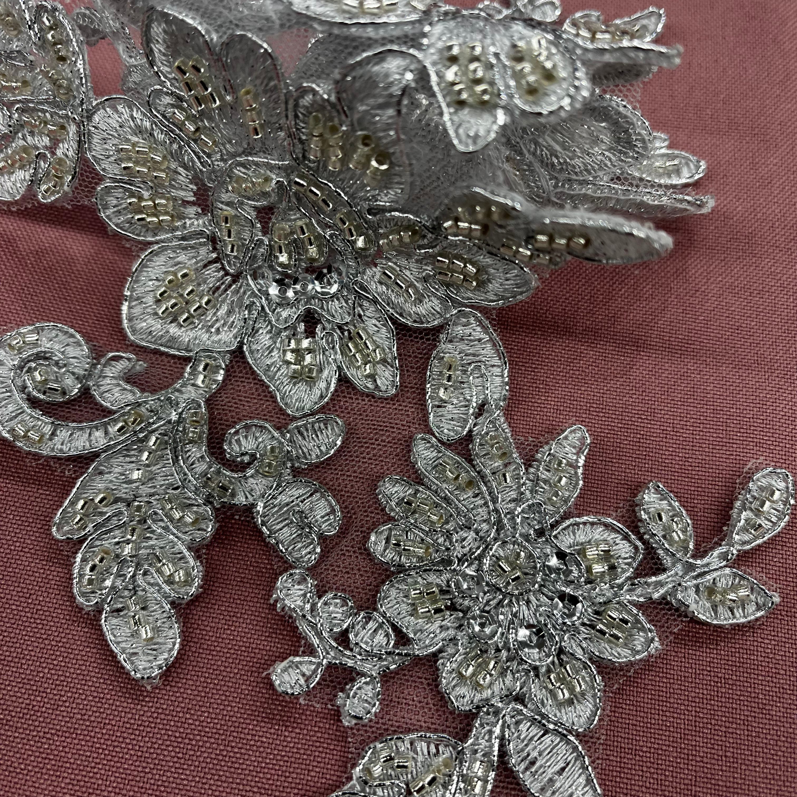 Beaded & Corded Floral Lace Applique Embroidered on 100% Polyester Net Mesh | Lace USA - 96440W-HB