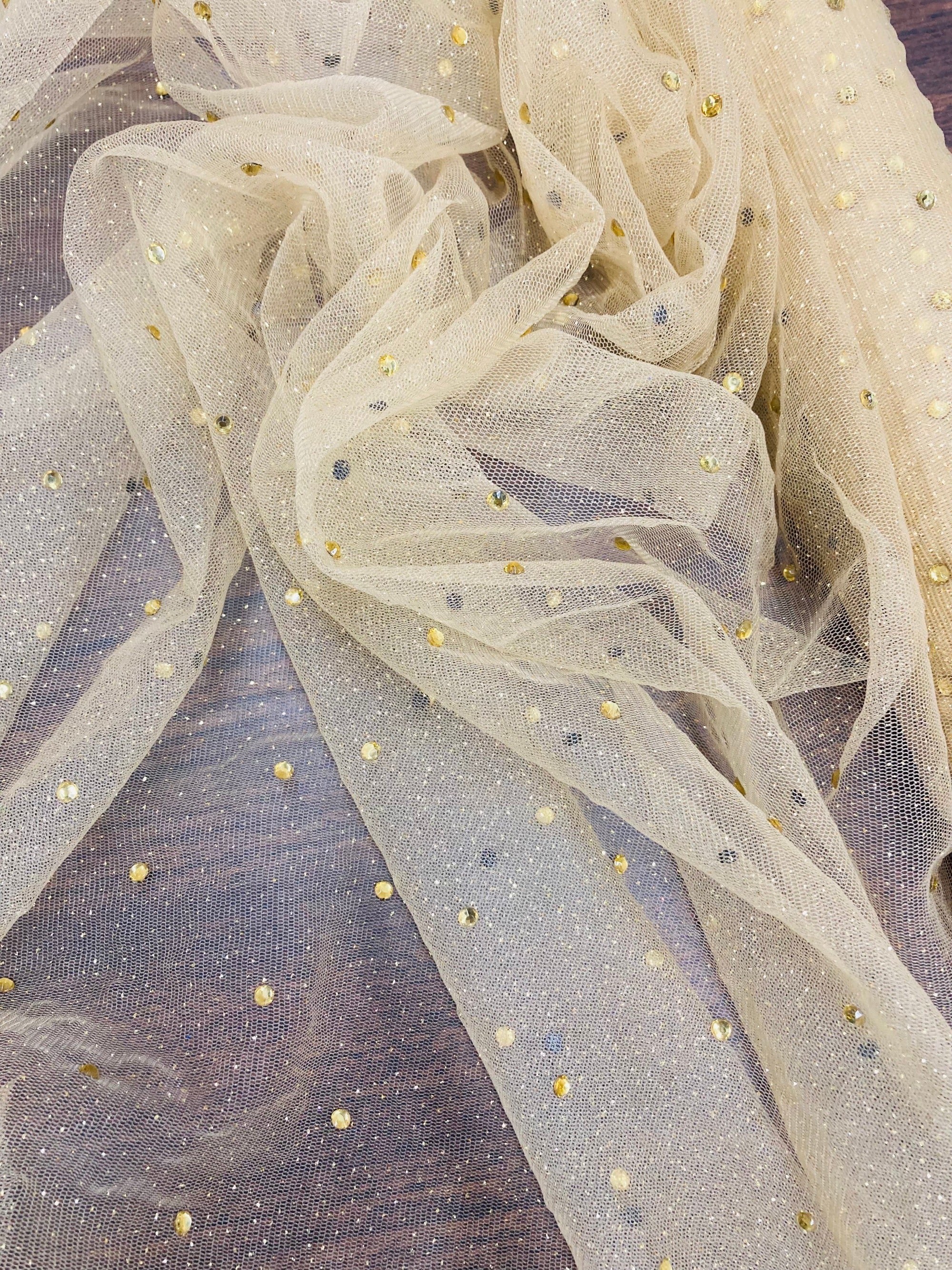 Glitter Mesh Fabric with Scattered Rhinestones 2-Way Stretch | Lace USA - Rhinestone