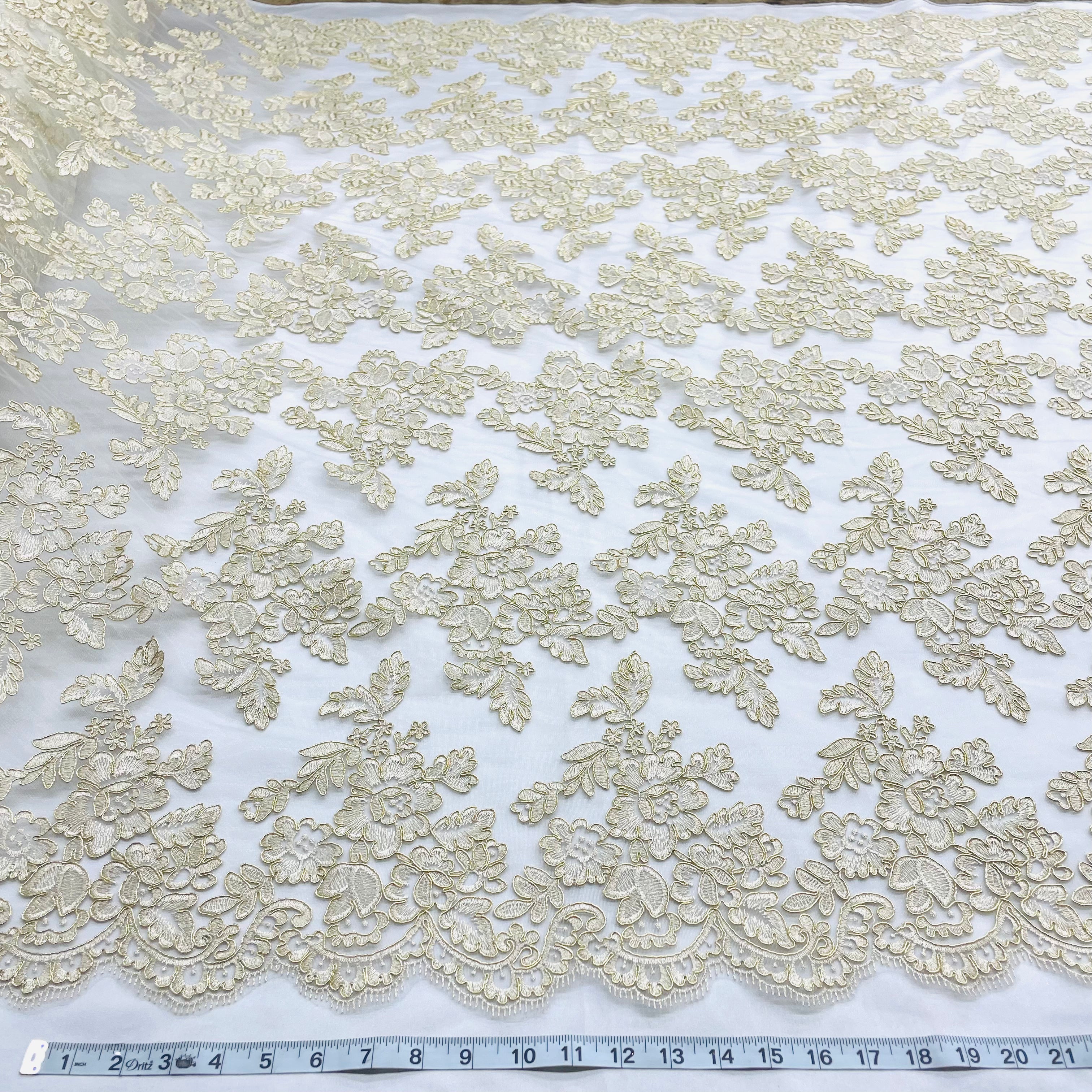 Corded Bridal Lace Fabric Embroidered on 100% Polyester Net Mesh | Lace USA - 95409W