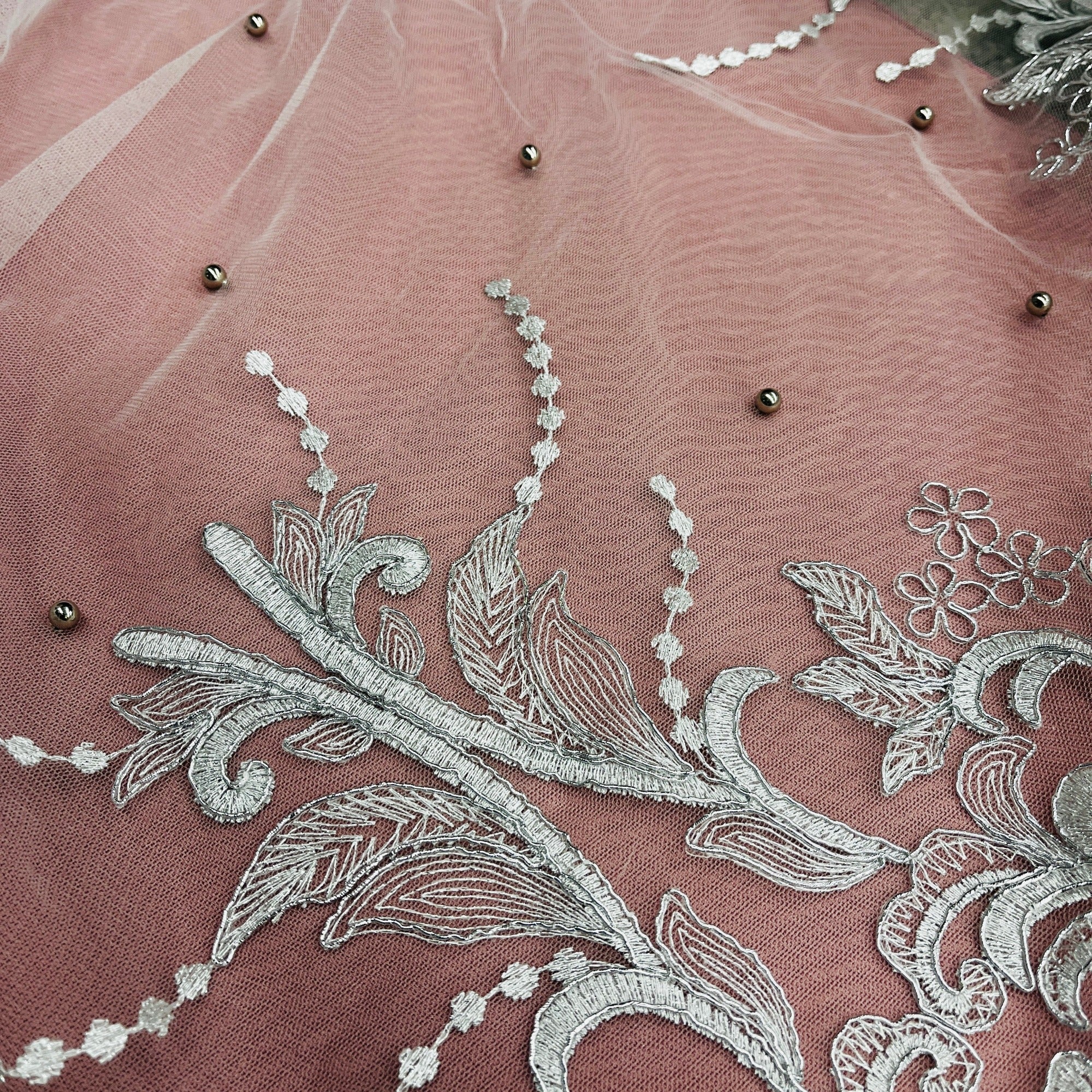 Beaded & Corded Bridal Lace Fabric Embroidered on 100% Polyester Net Mesh | Lace USA - 73013W-NB