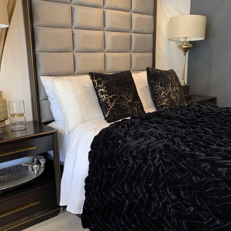 Braided Fluffy Faux Fur Chinchilla Black Bed Cover/ Coverlet/ Blanket/ Comforter/ King Cal Size - Queen Size