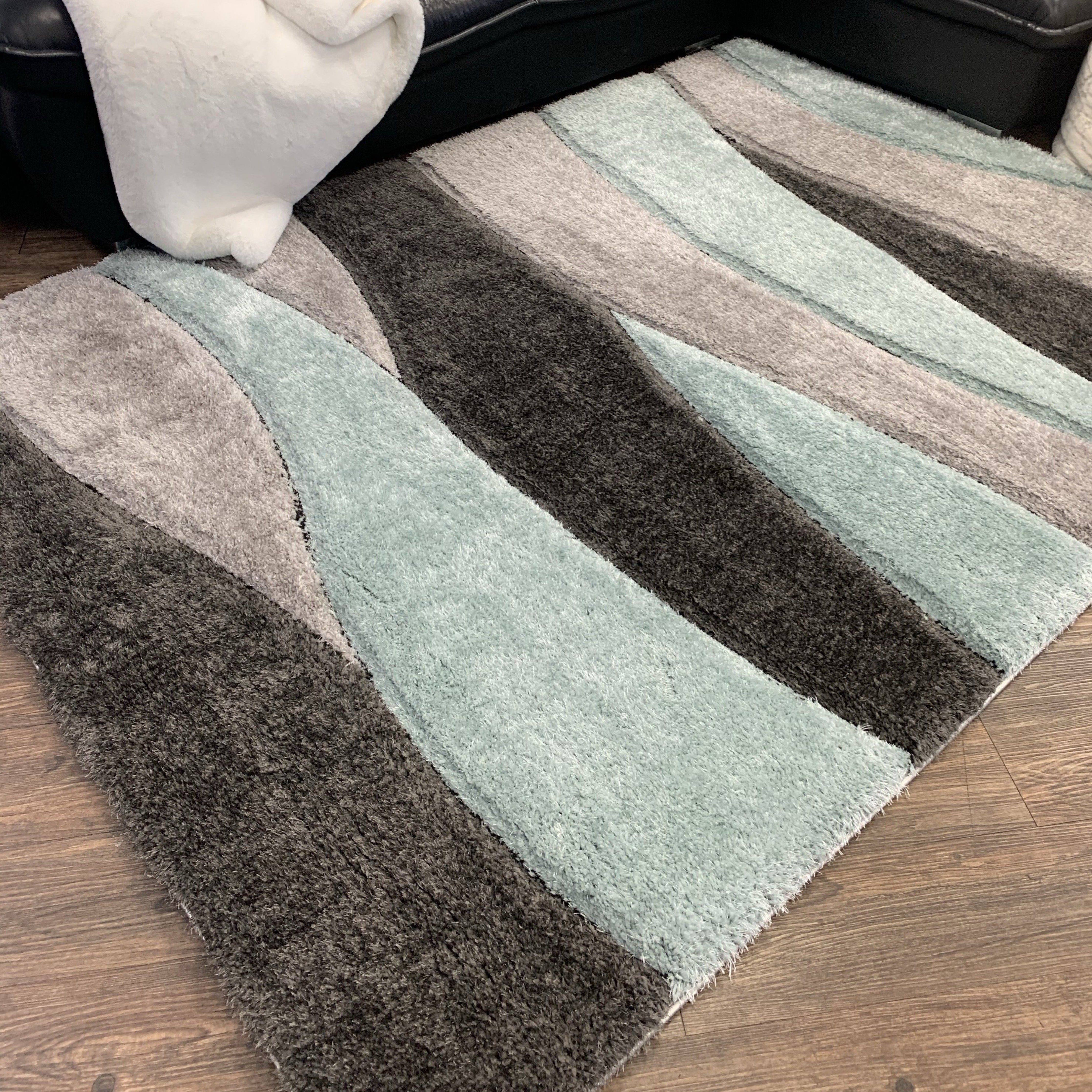 Touch of Aqua/Gray/Silver Shag Area Rug/Carpet | Style# SR-731 - Crafted from 100% Polyester, Plush Fluffy Shine 3D Stone Design