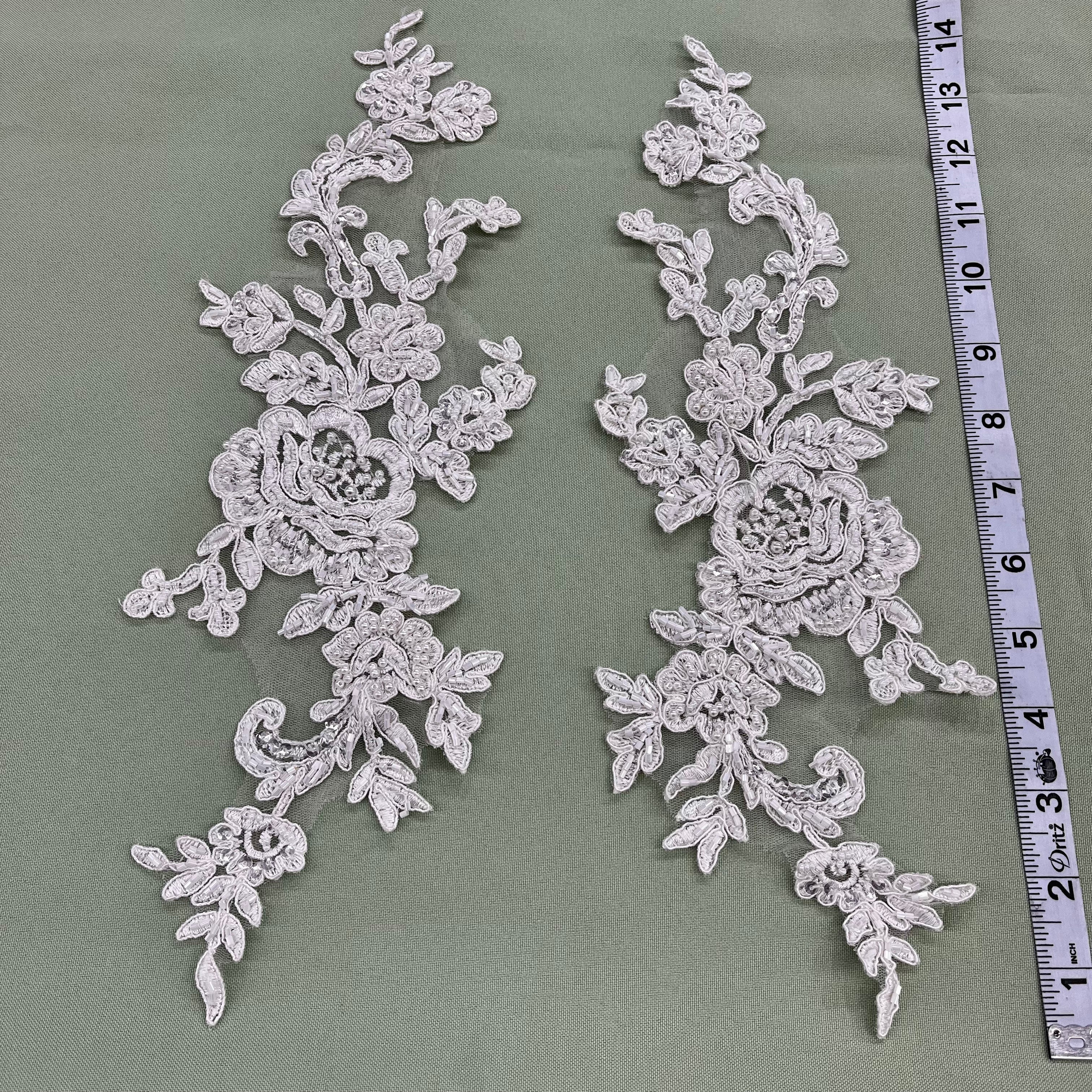 Beaded & Corded Floral Lace Applique Embroidered on 100% Polyester Net Mesh | Lace USA - 96437W-BP