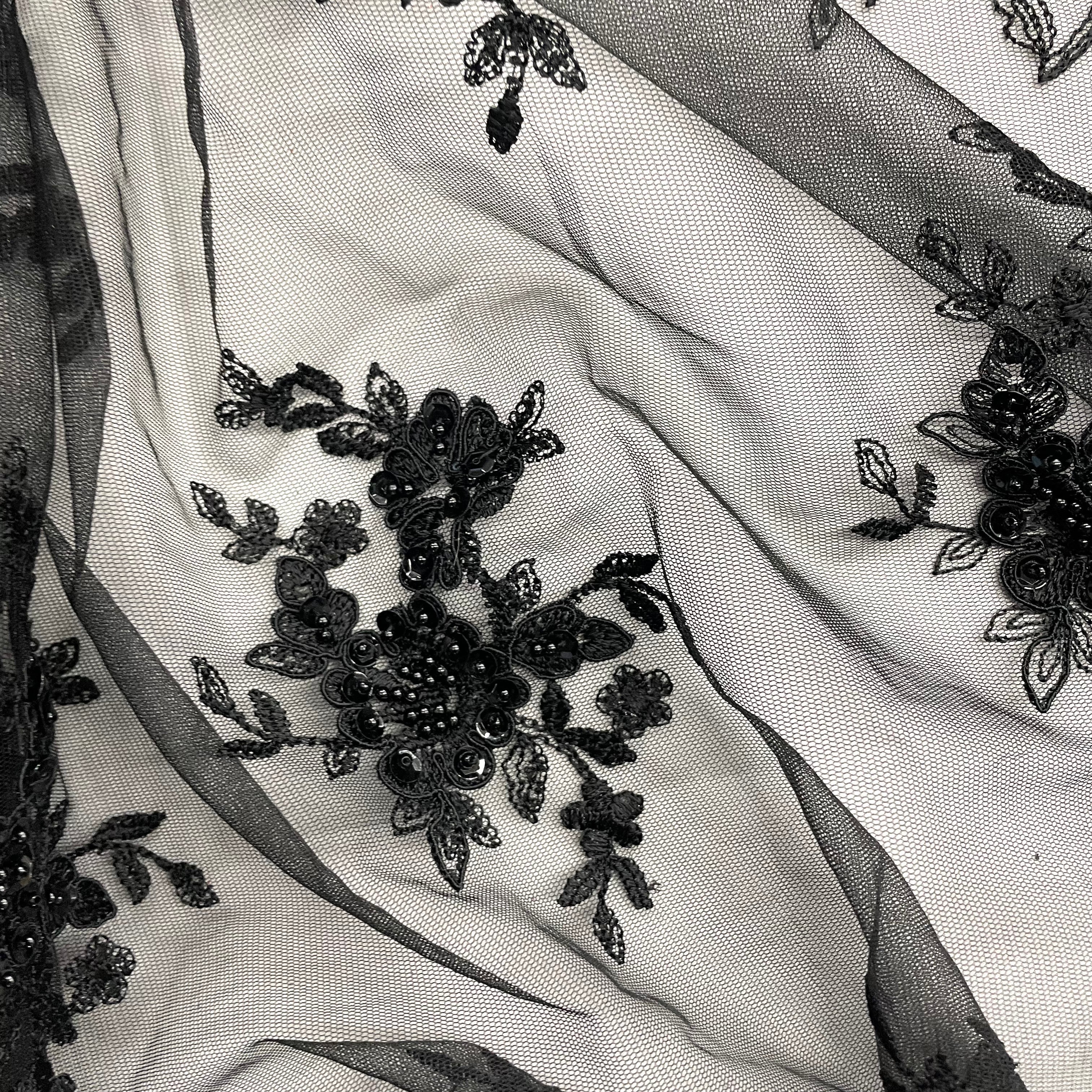 Beaded & Corded Bridal Lace Fabric Embroidered on 100% Polyester Net Mesh | Lace USA - 96519W-BP