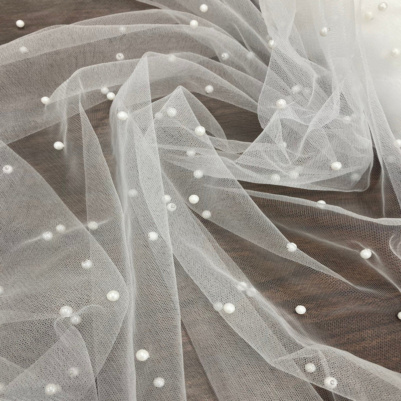 2-Way Stretch Net Mesh Fabric with Scattered Pearls | Lace USA - Net Pearl