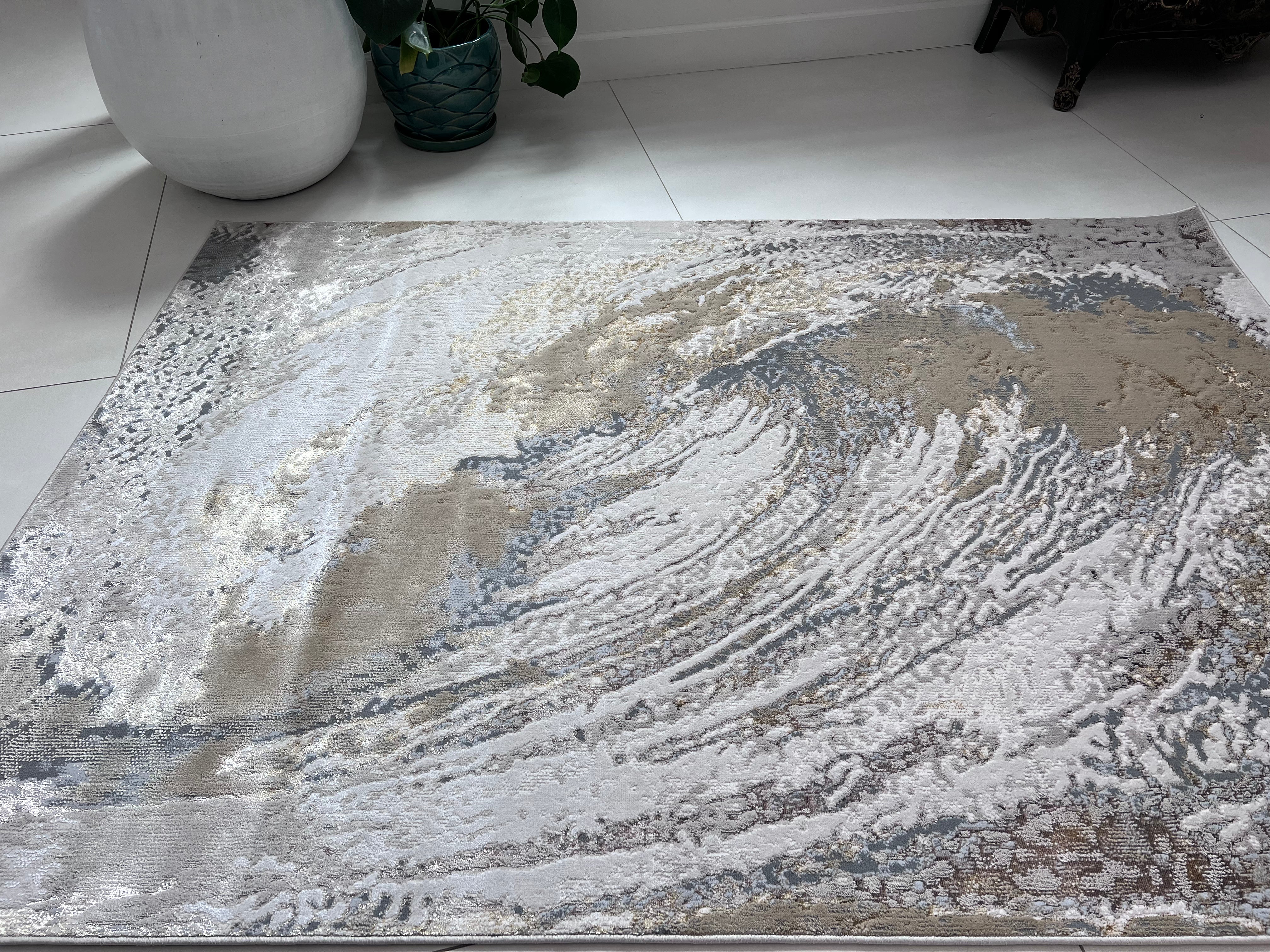 Polyester Silver with Gold Viscose Blend Swirl Design Rug/Carpet - Style# Maximus 240 - Color-Changing Flat Weave Rug