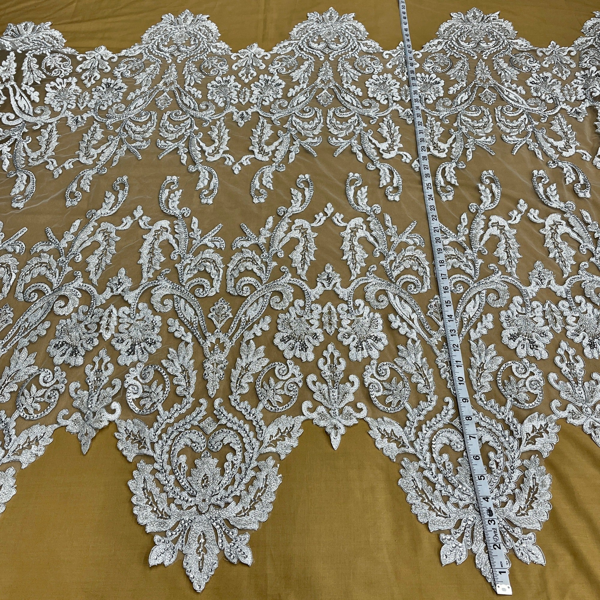Beaded & Corded Bridal Lace Fabric Embroidered on 100% Polyester Net Mesh | Lace USA - 96996W-HB
