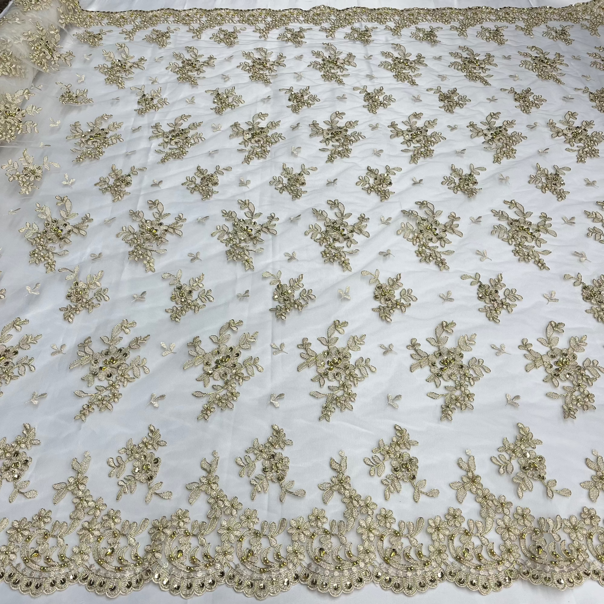 Beaded & Corded Lace Fabric – Floral Design with Scalloped Edges | Lace USA - 91436W-BP