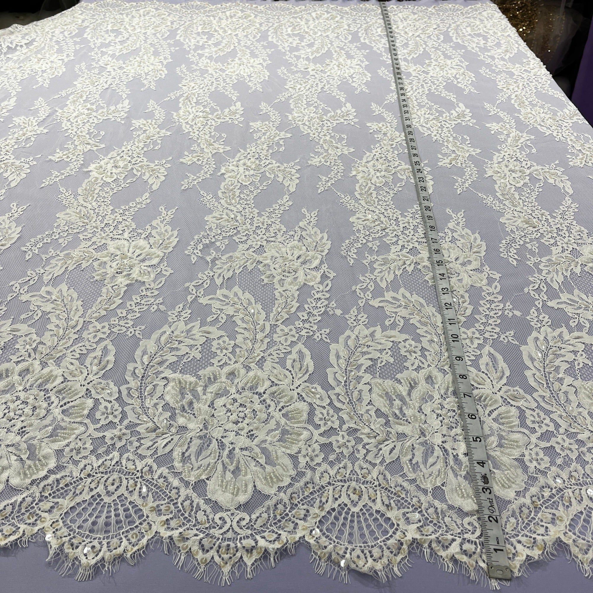 Beaded Chantilly Embroidered Lace Fabric with Eyelash Scallop - 3 Yards | Lace USA - GD-316