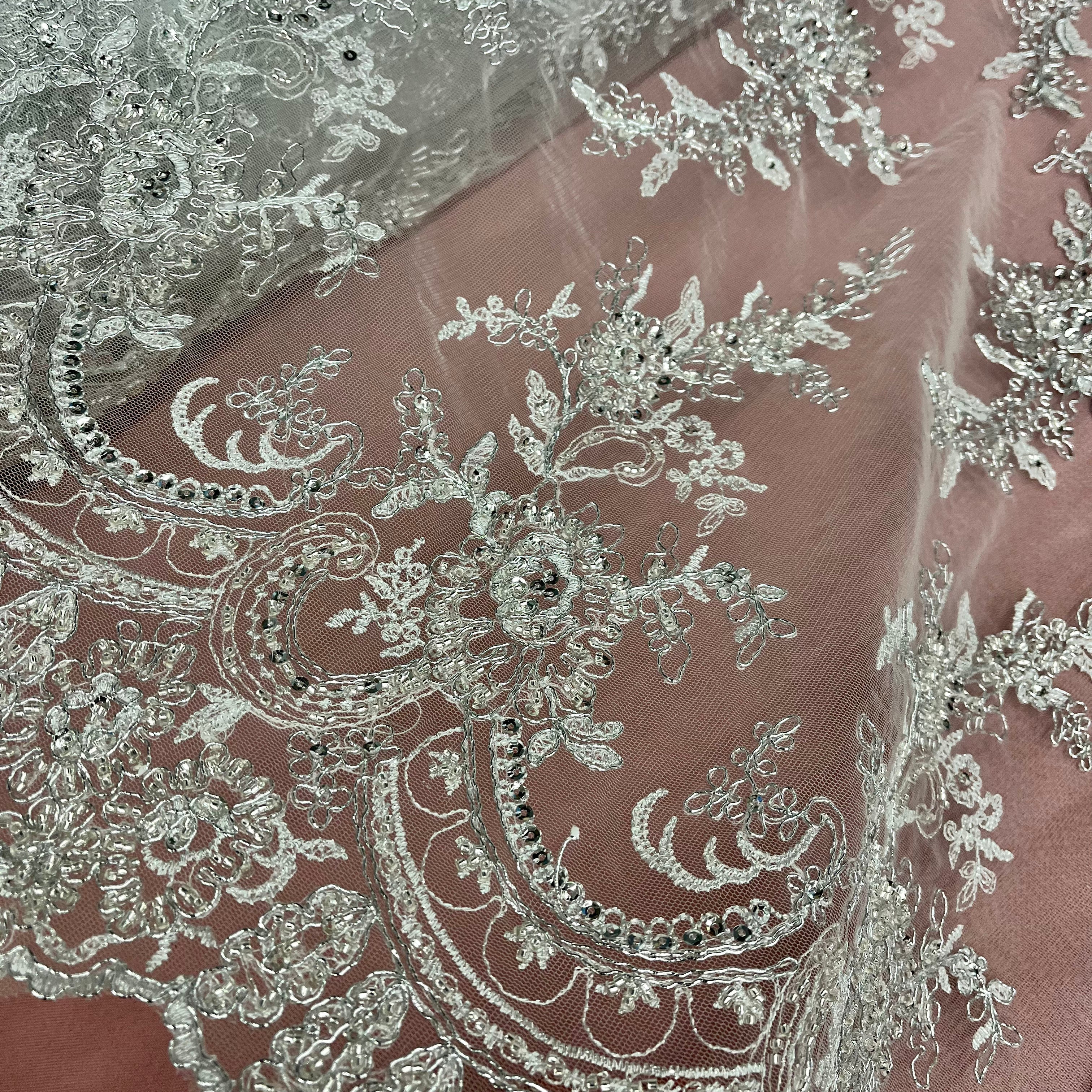 Beaded & Corded Bridal Fabric Lace Embroidered on 100% Polyester Net Mesh | Lace USA - 96979W-HB