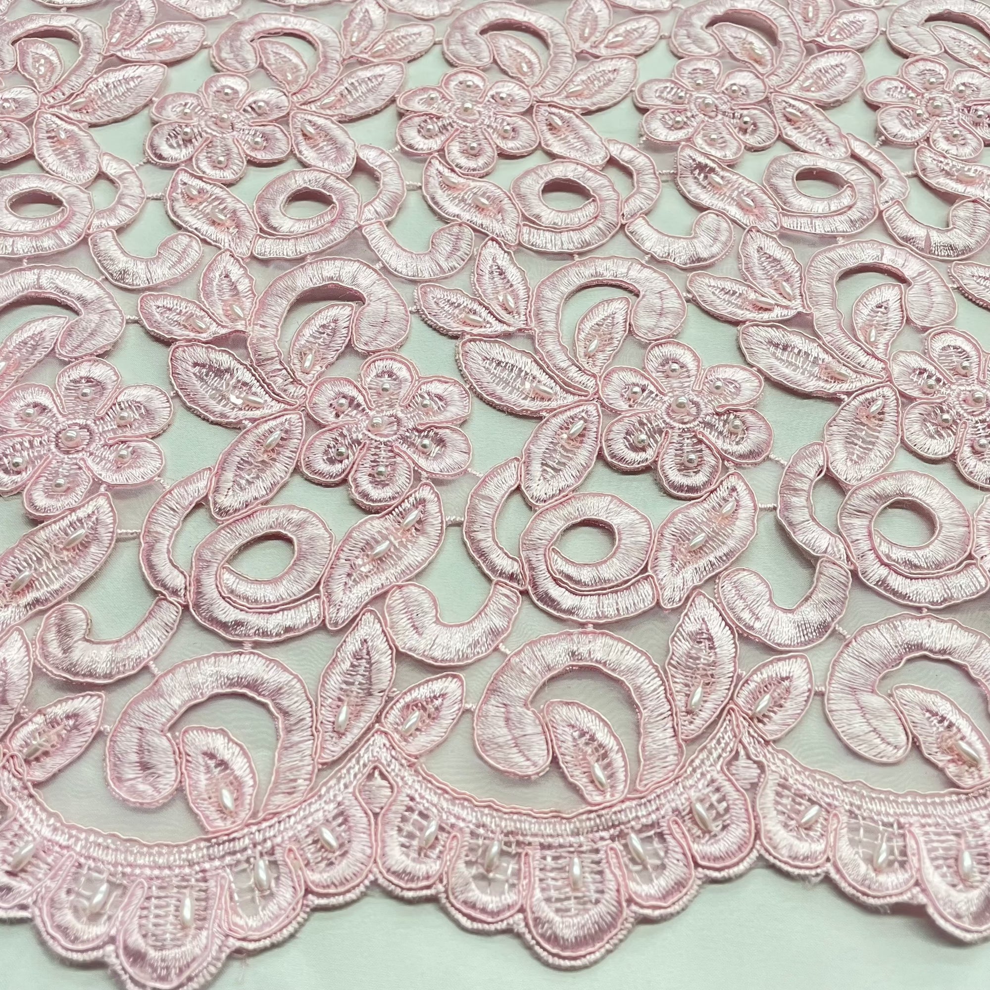 Beaded & Corded Bridal Lace Fabric Embroidered on 100% Polyester Net Mesh  | Lace USA -90726N-BP