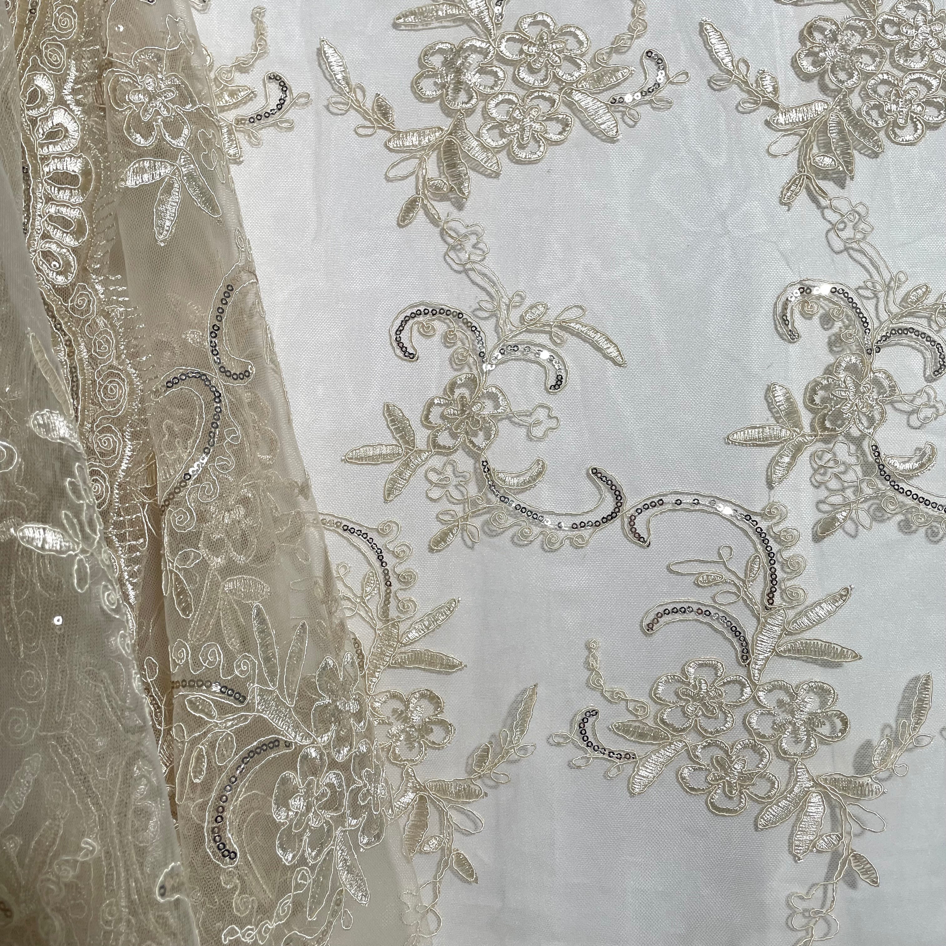 Sequined & Corded Lace Fabric Embroidered on 100% Polyester Net Mesh | Lace USA - GD-09