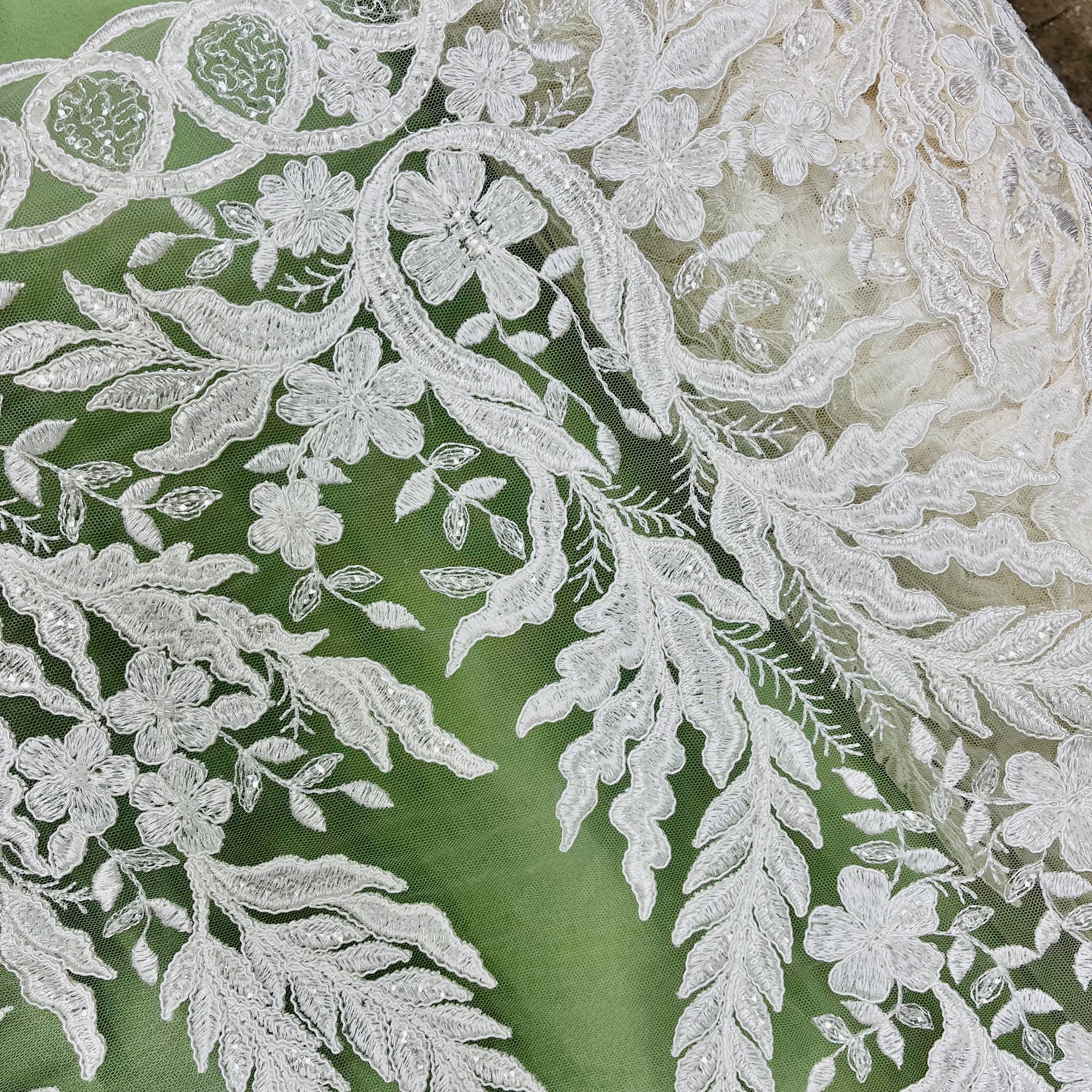 Exquisite Bridal Elegance: Beaded & Corded Embroidered Lace Fabric | Lace USA - 97221W-HB