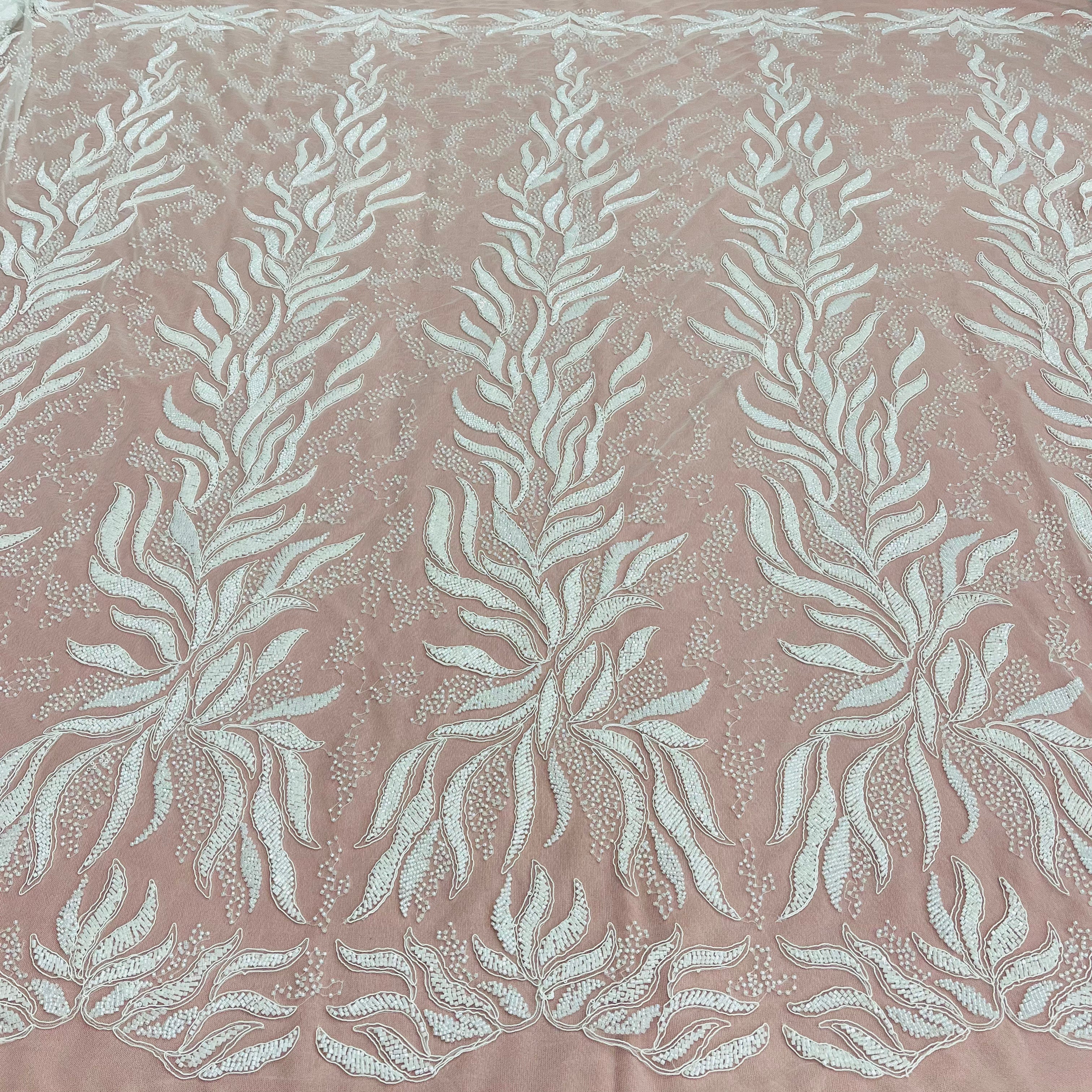 Beaded & Corded Bridal Lace Fabric Embroidered on 100% Polyester Net Mesh | Lace USA - GD-12621
