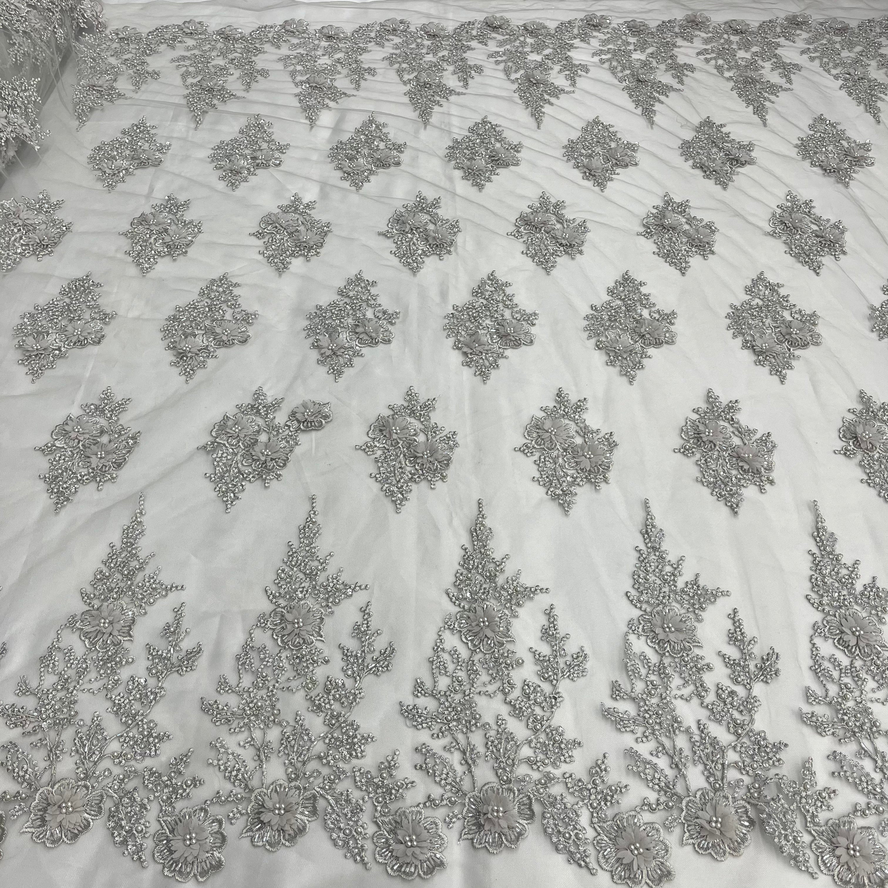 Beaded 3D Floral Lace Fabric Embroidered on 100% Polyester Net Mesh | Lace USA - GD-75