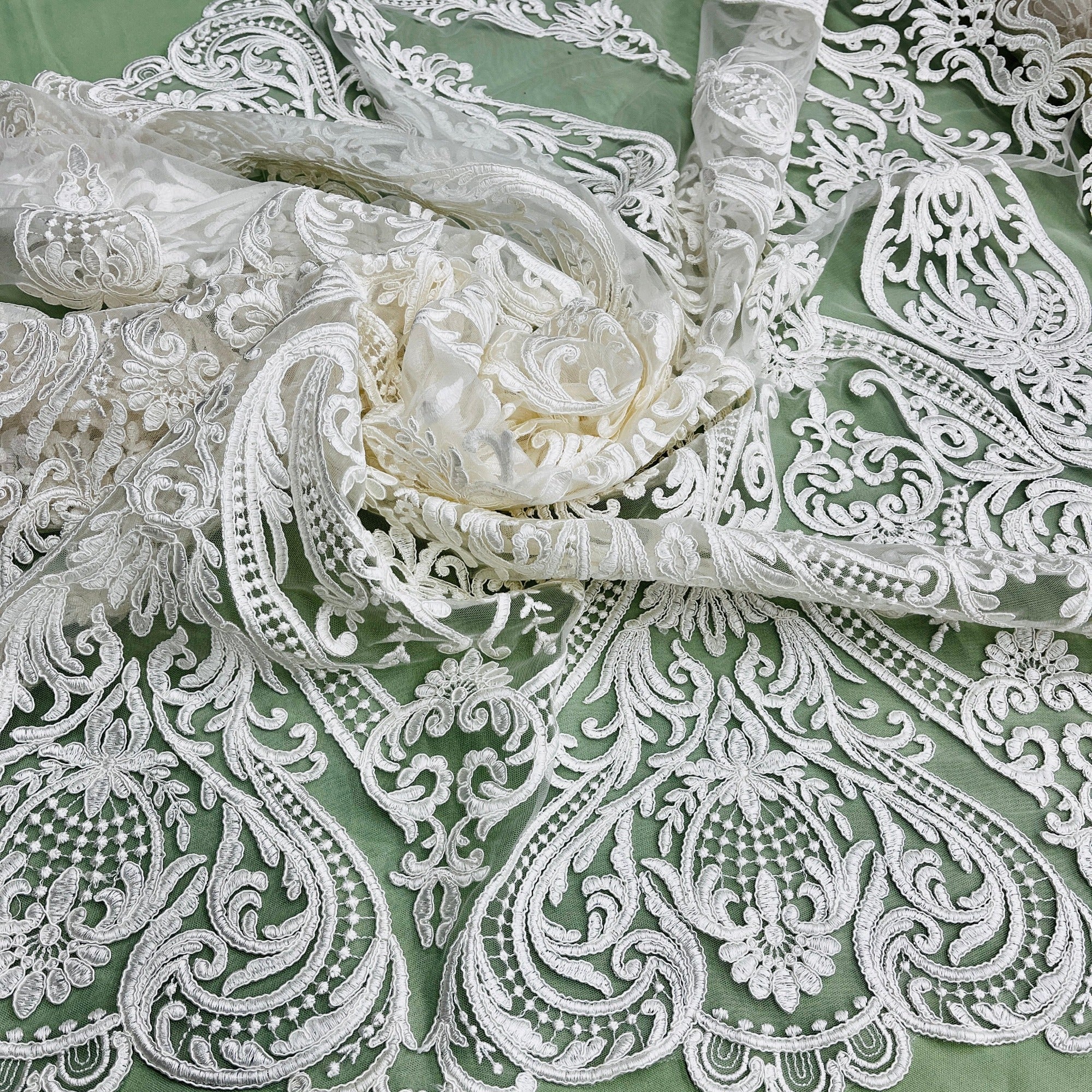 Corded Bridal Lace Fabric Embroidered on 100% Polyester Net Mesh | Lace USA - 97086W