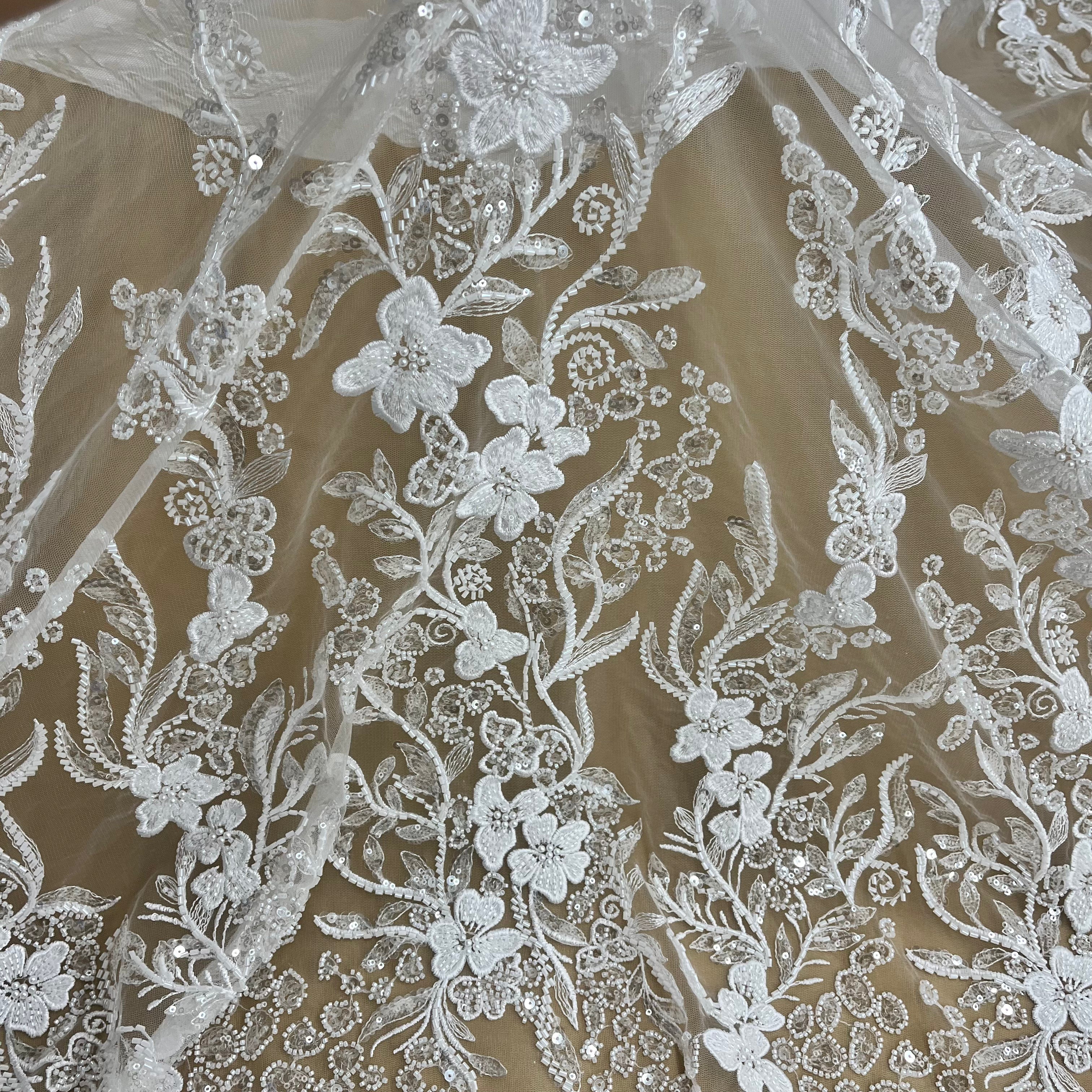 Beaded Lace Fabric Embroidered on 100% Polyester Net Mesh | Lace USA - GD-220703