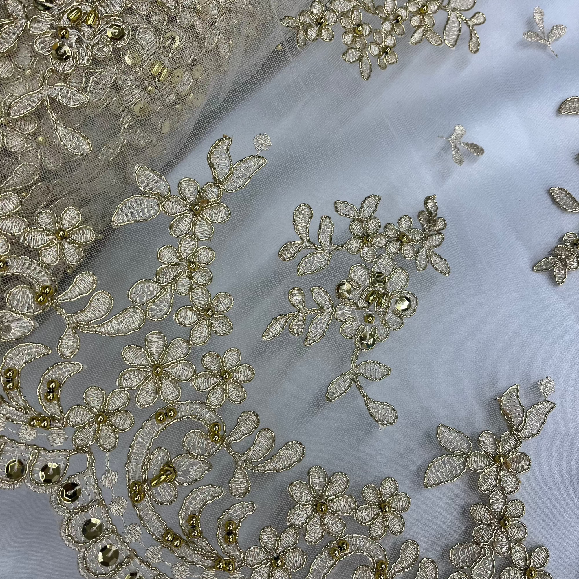 Beaded & Corded Lace Fabric – Floral Design with Scalloped Edges | Lace USA - 91436W-BP