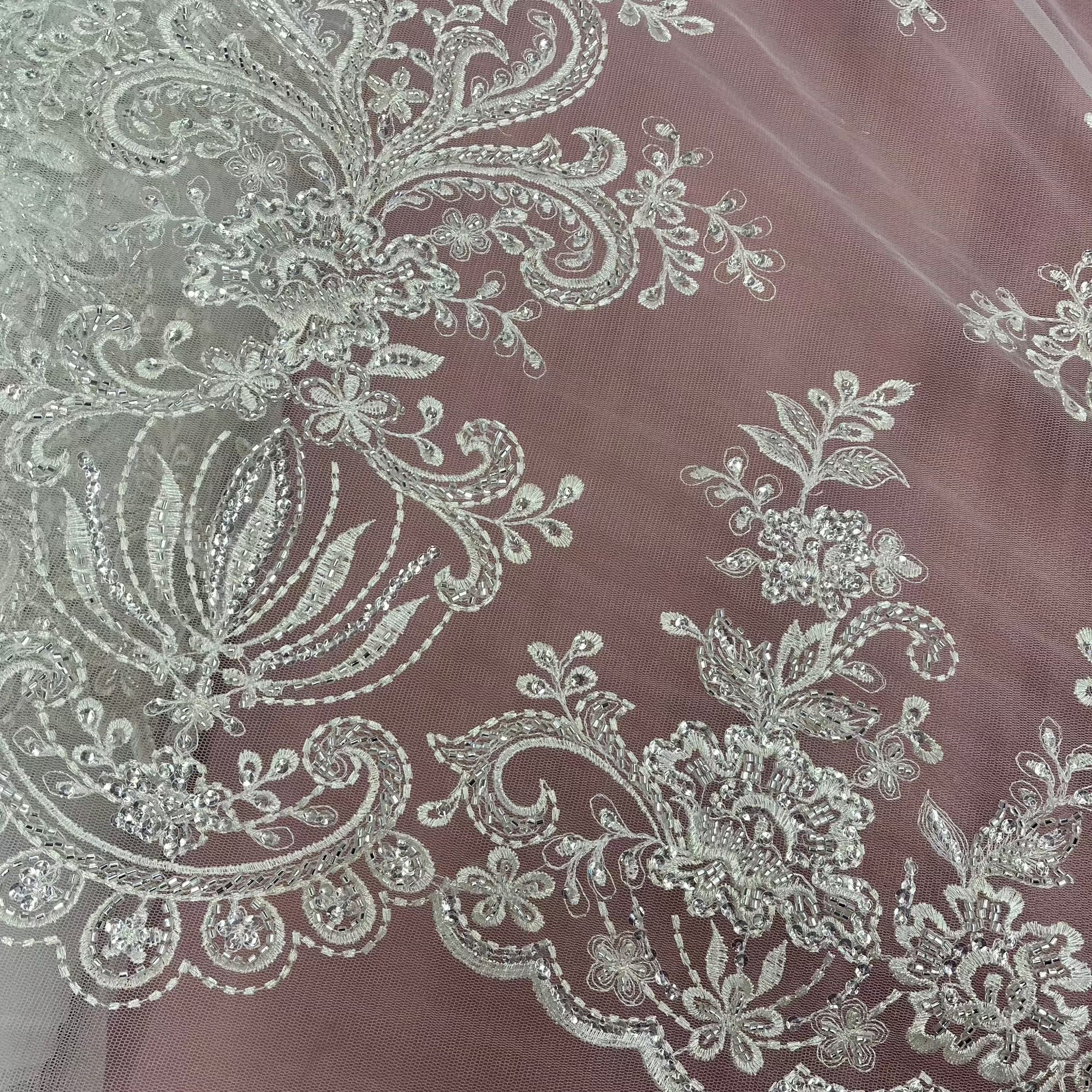Beaded Lace Fabric Embroidered on 100% Polyester Net Mesh | Lace USA - GD-12186