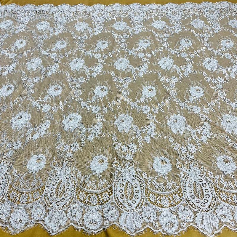 Beaded & Corded Chantilly Floral Lace Fabric-  3 Yards Precut | Lace USA - 97143W-BP
