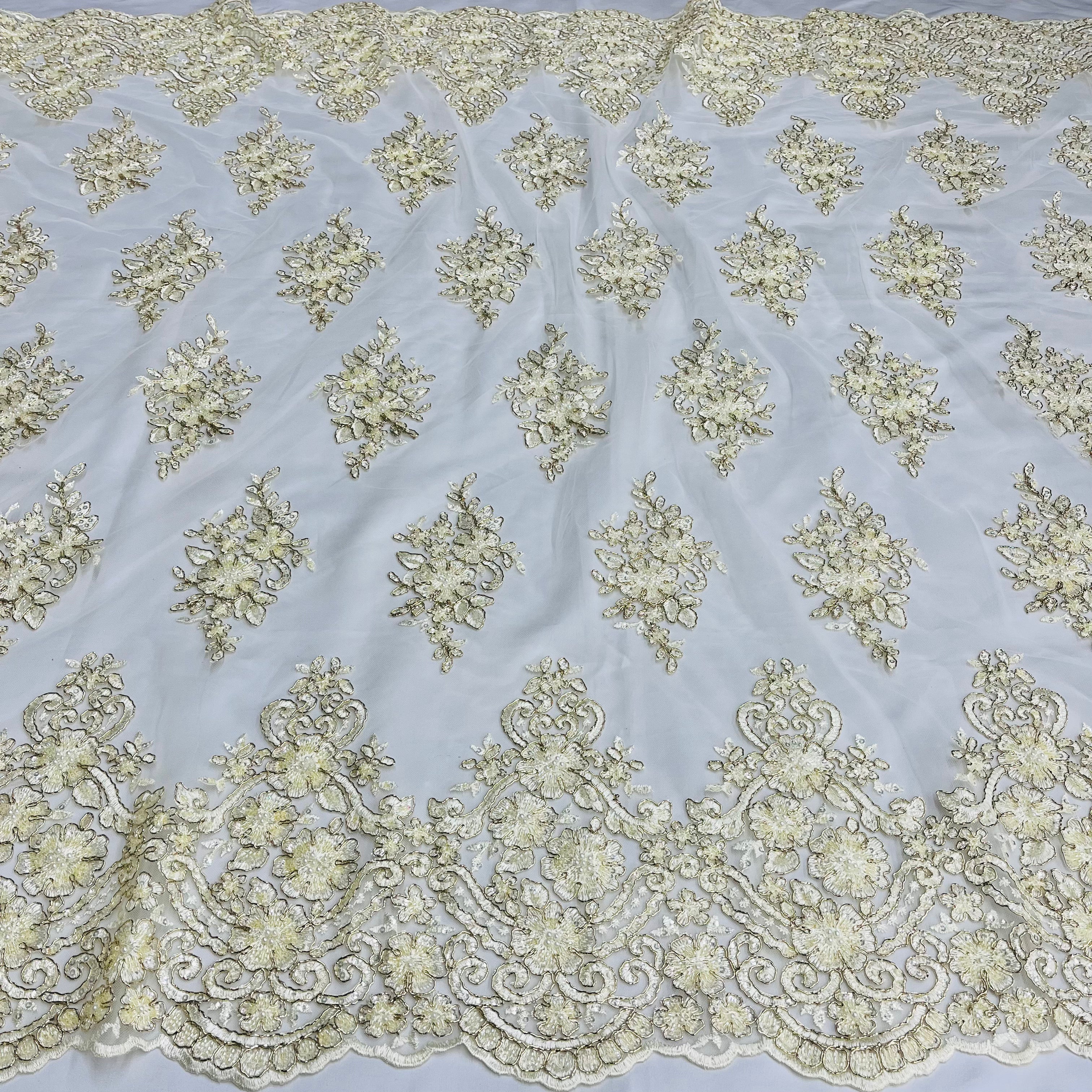 Beaded Corded Lace Fabric With Scallops Embroidered on 100% Poly Metallic | Lace USA - GD-1245
